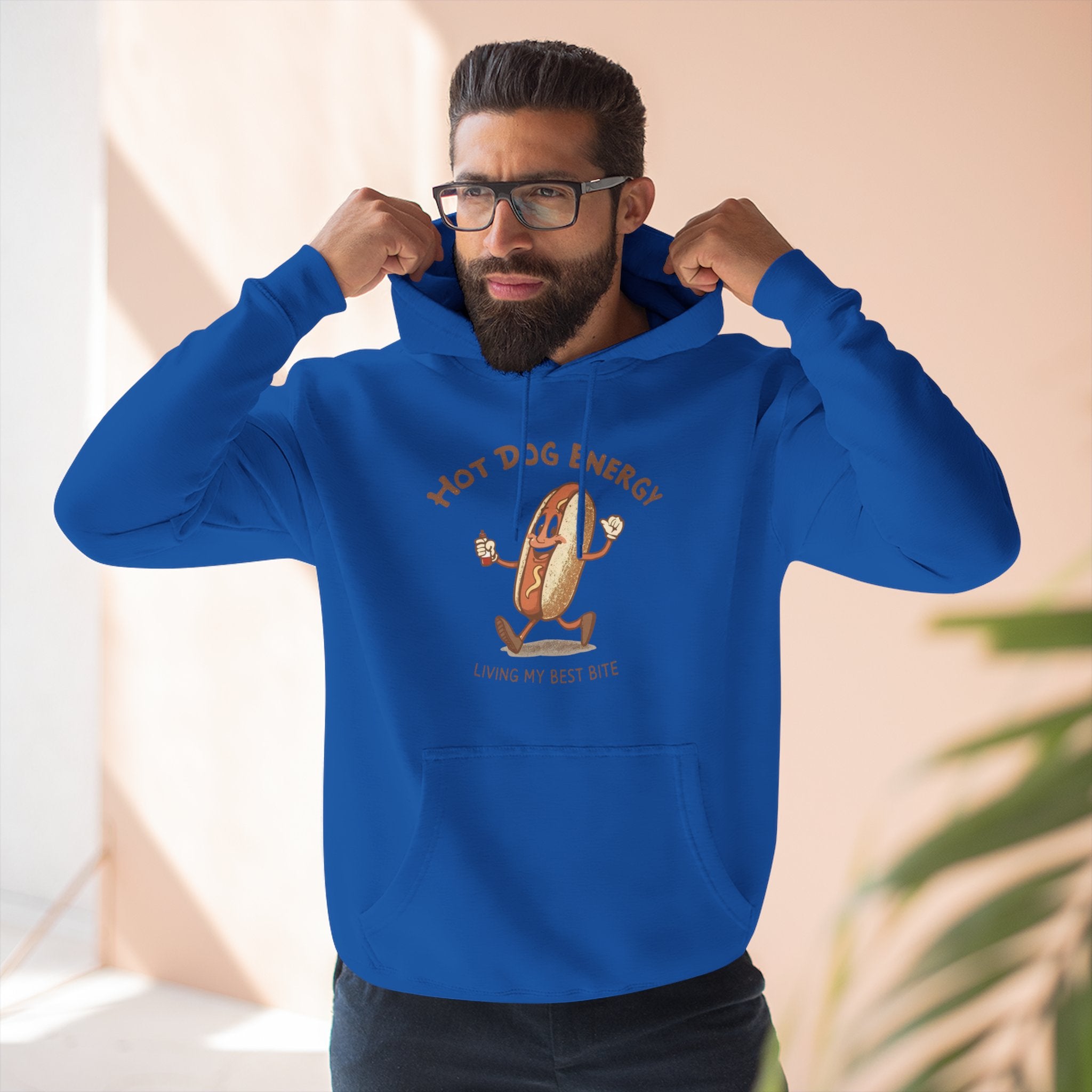 Hot Dog Energy Hoodie — Funny Cartoon Hotdog "Living My Best Bite" Pullover