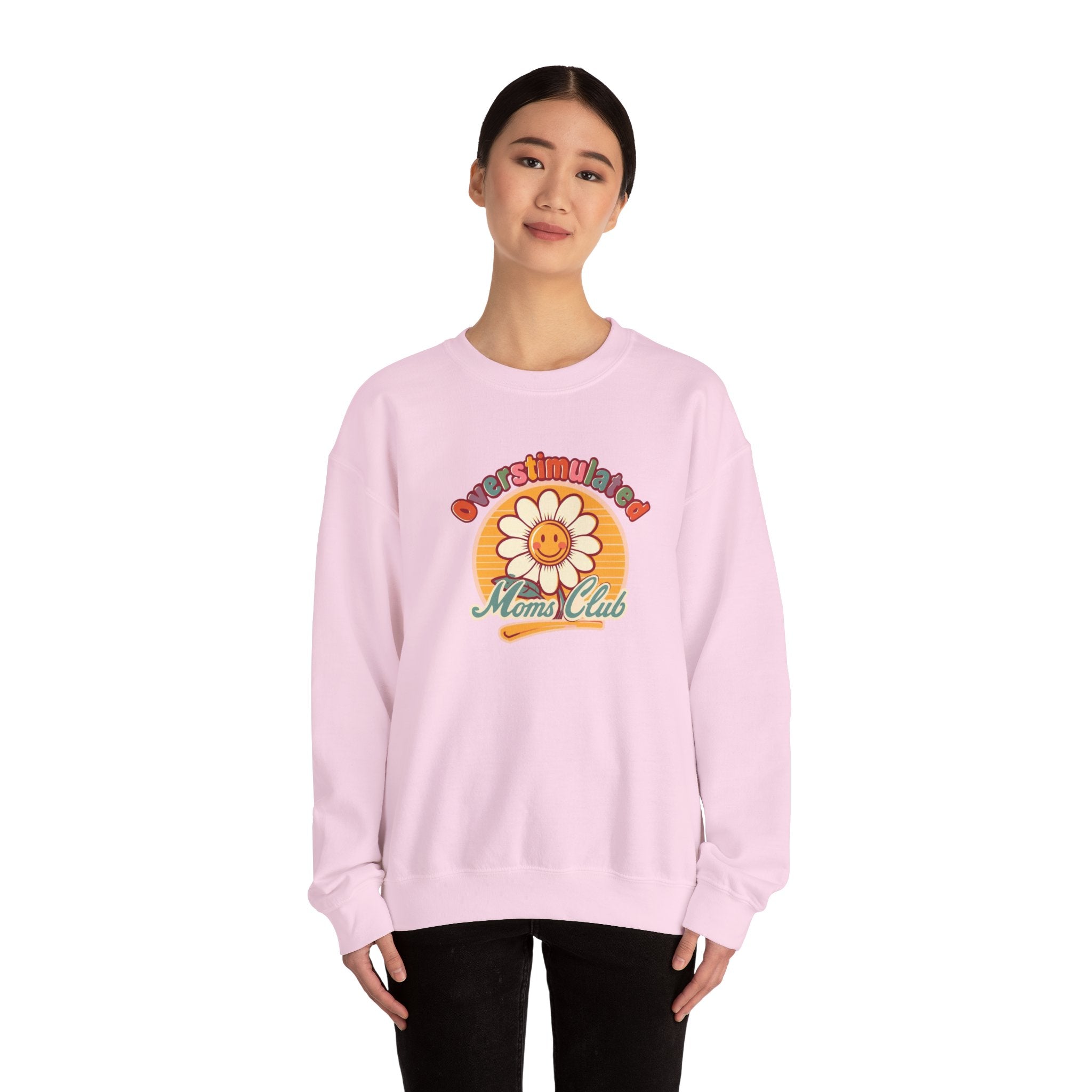 Oversaturated Moms Club Crewneck Sweatshirt — Retro Smiley Daisy Mom Gift