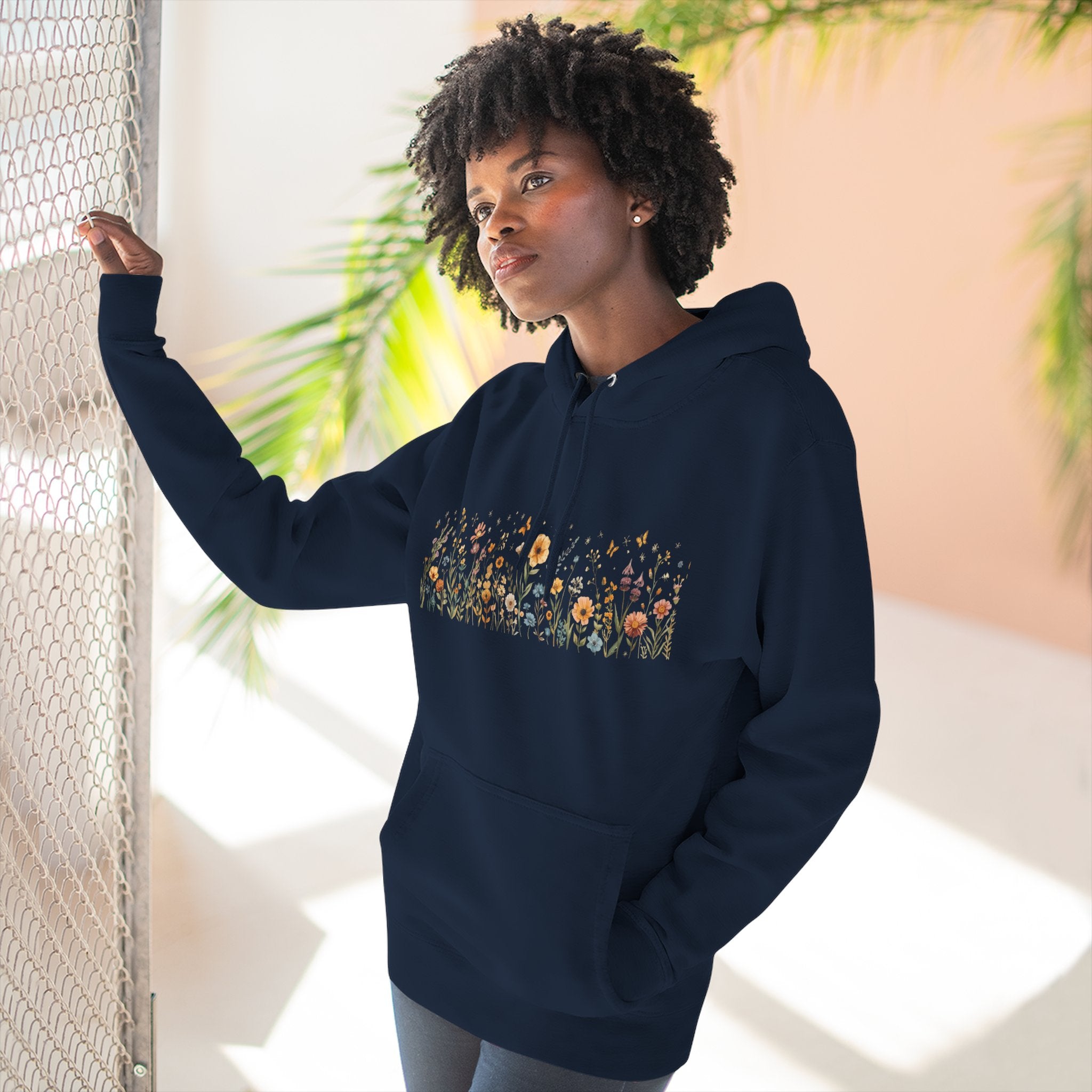 Floral Meadow Fleece Hoodie — Soft Boho Wildflower Stripe Design