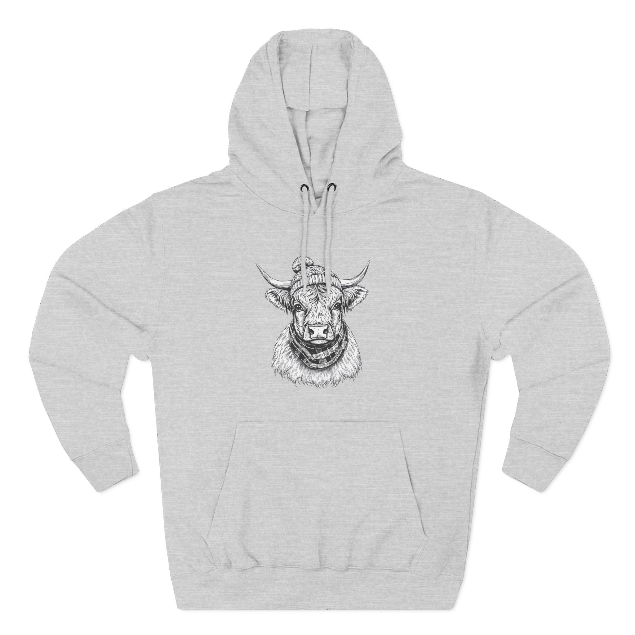 Highland Cow Sketch Hoodie - Detailed Bull Head Graphic Fleece Pullover