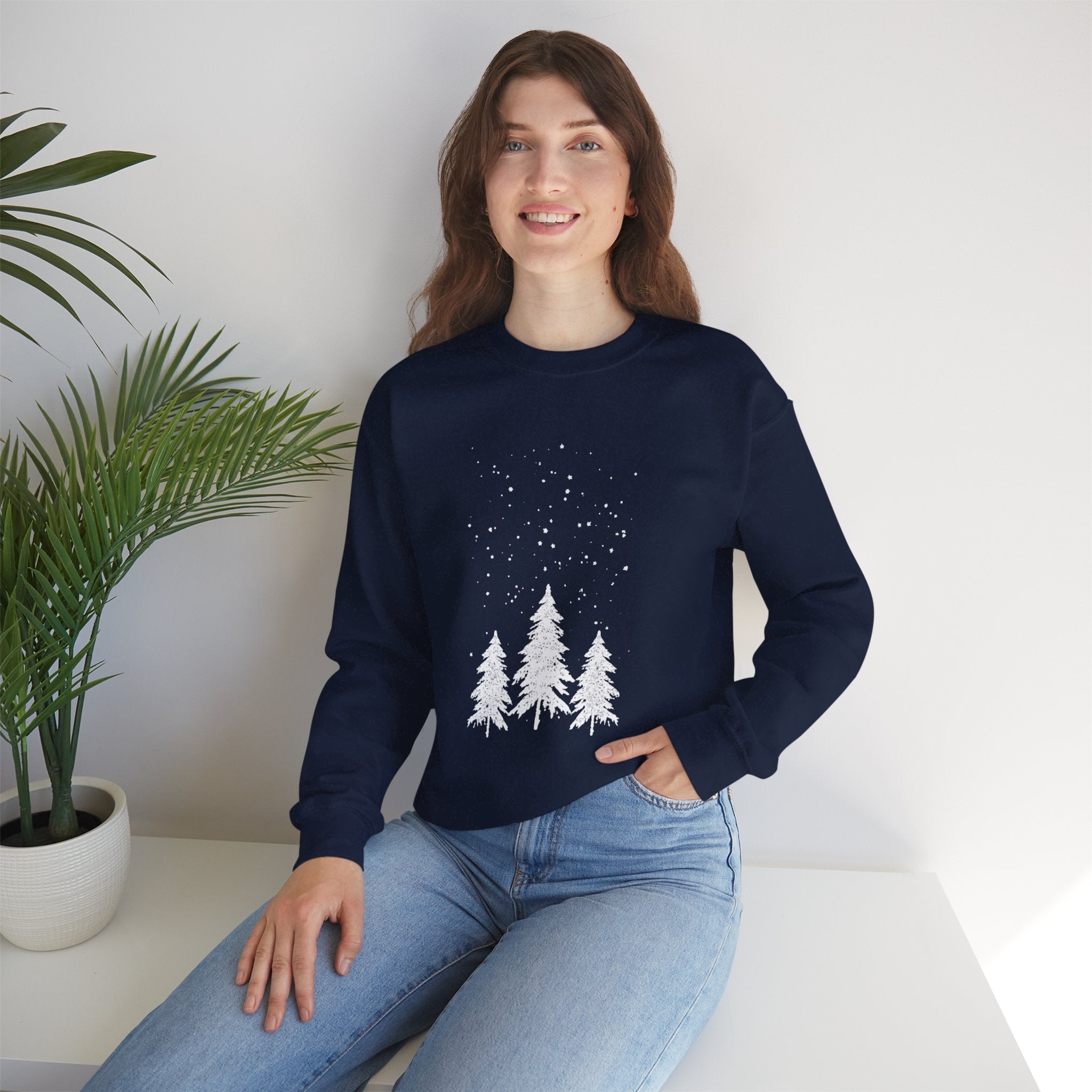 Winter Pines Crewneck Sweatshirt — Snowy Forest Holiday Sweatshirt