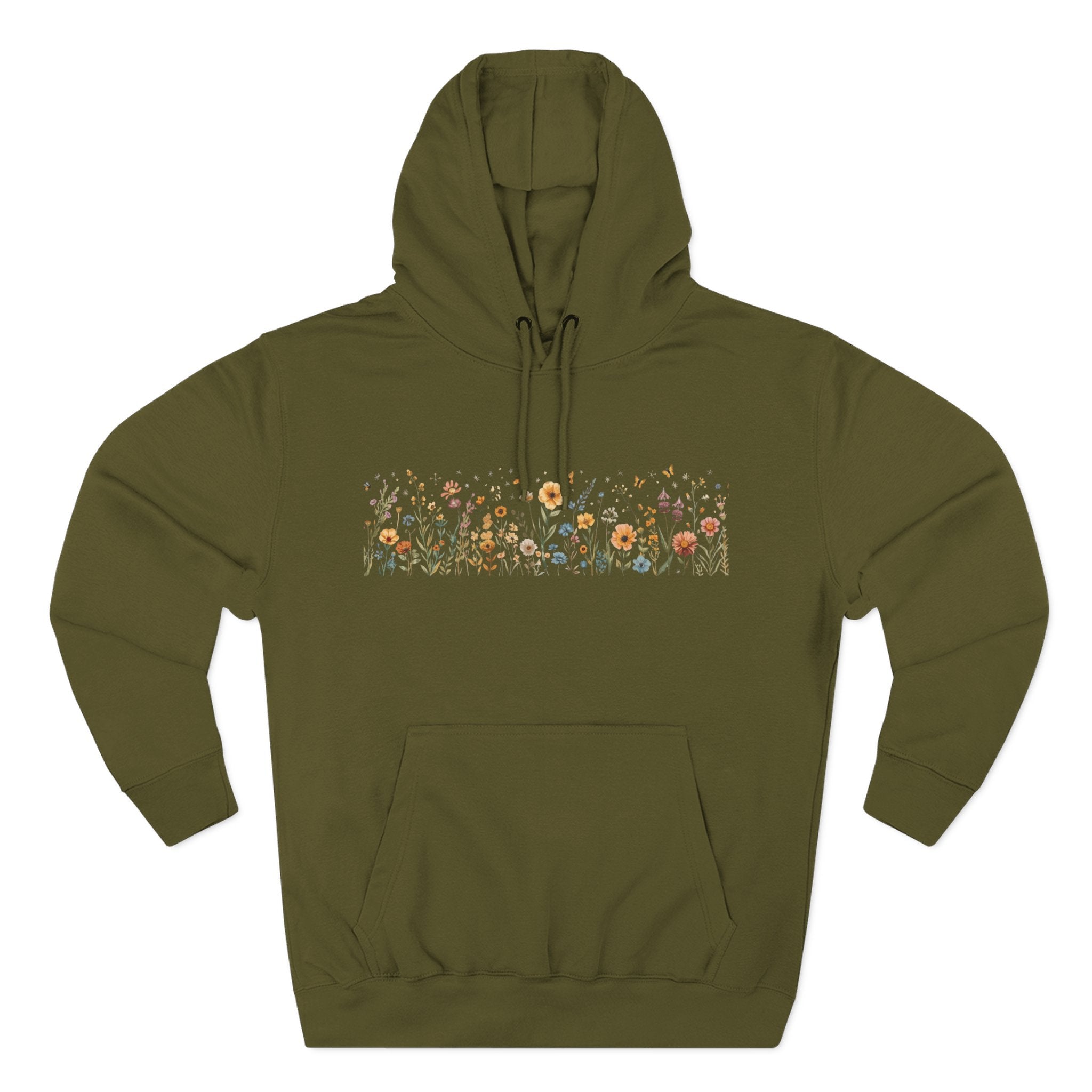 Floral Meadow Fleece Hoodie — Soft Boho Wildflower Stripe Design