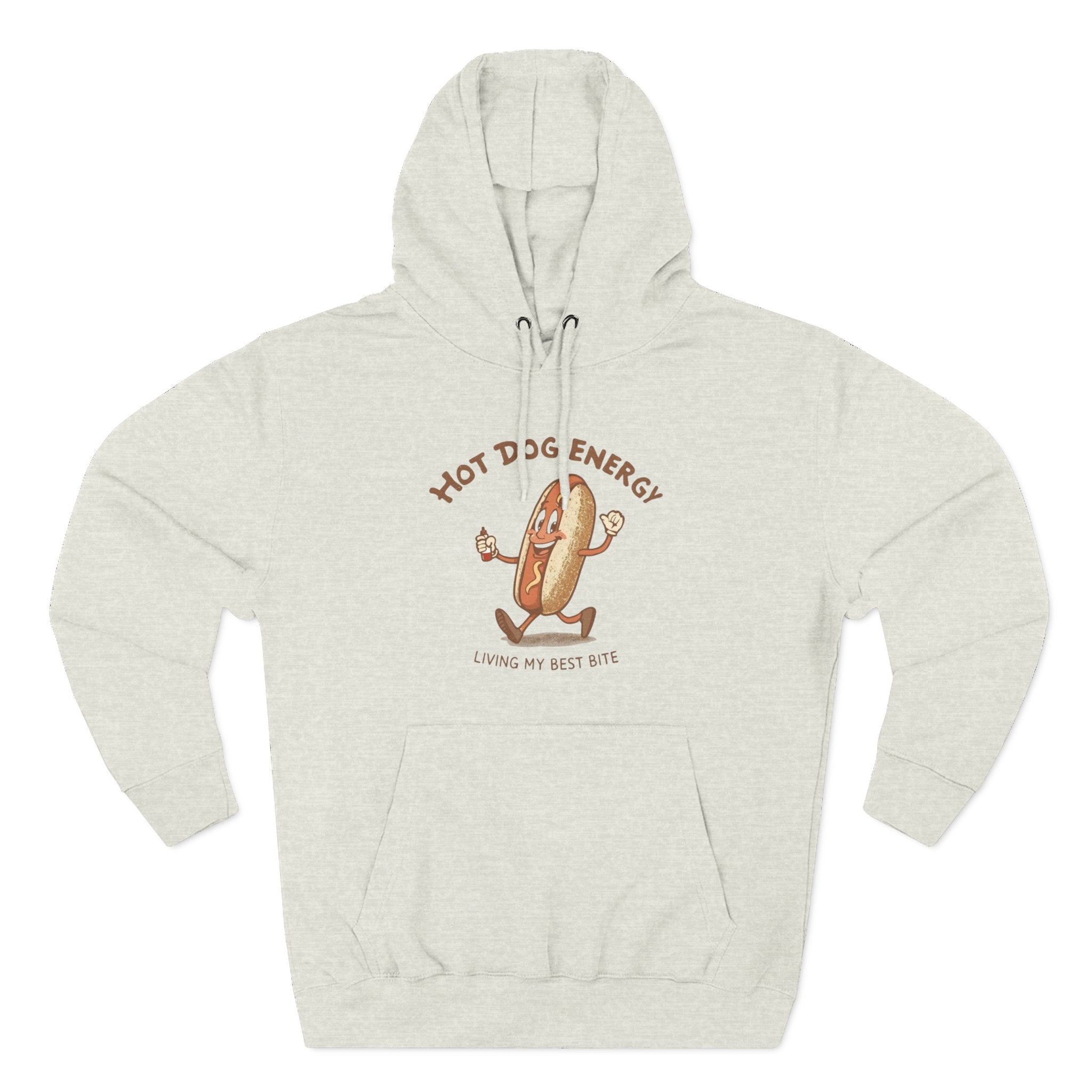 Hot Dog Energy Hoodie — Funny Cartoon Hotdog "Living My Best Bite" Pullover