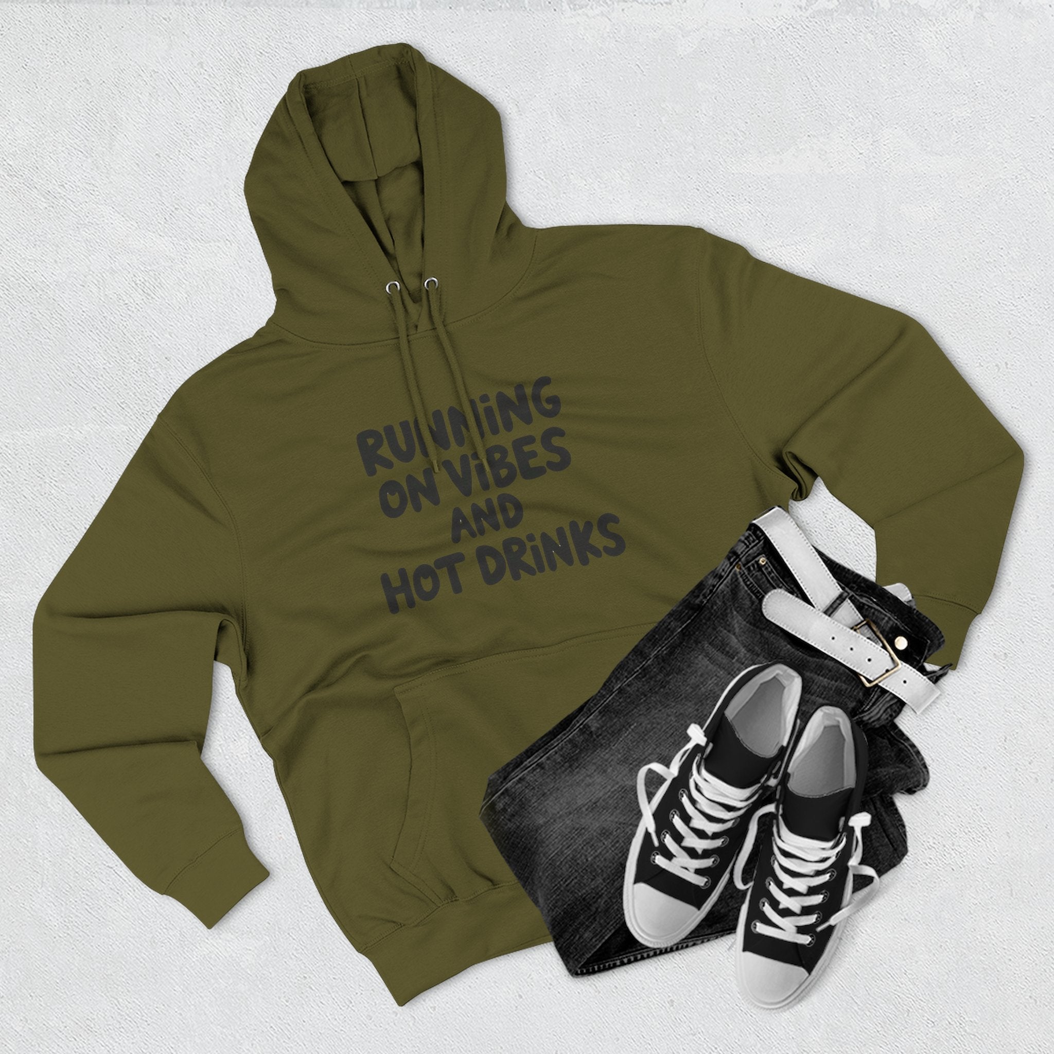 Running on Vibes and Hot Drinks Hoodie — Cozy Coffee Lover Pullover