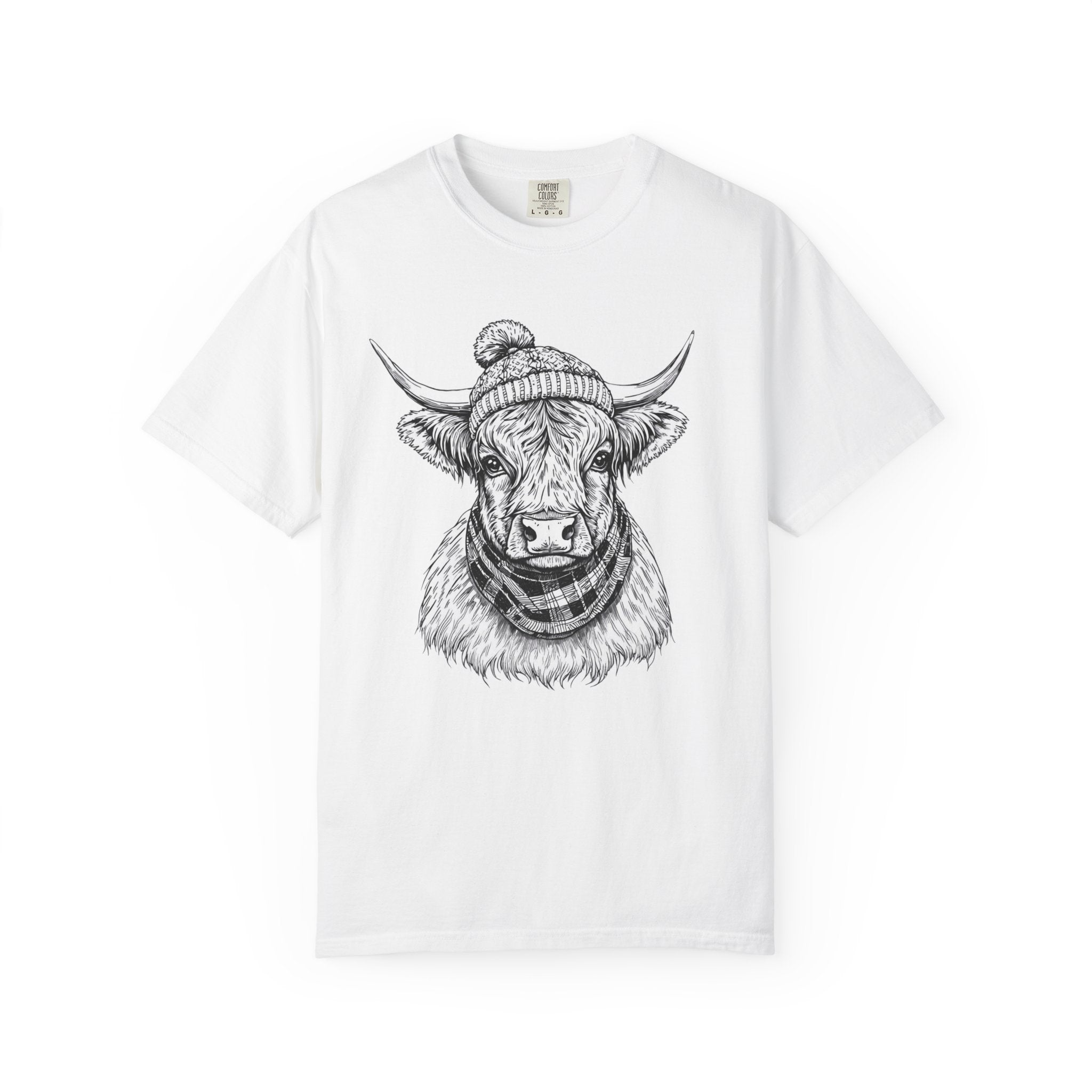Highland Cow Graphic T-Shirt — Cozy Scarf & Beanie Bull Illustration