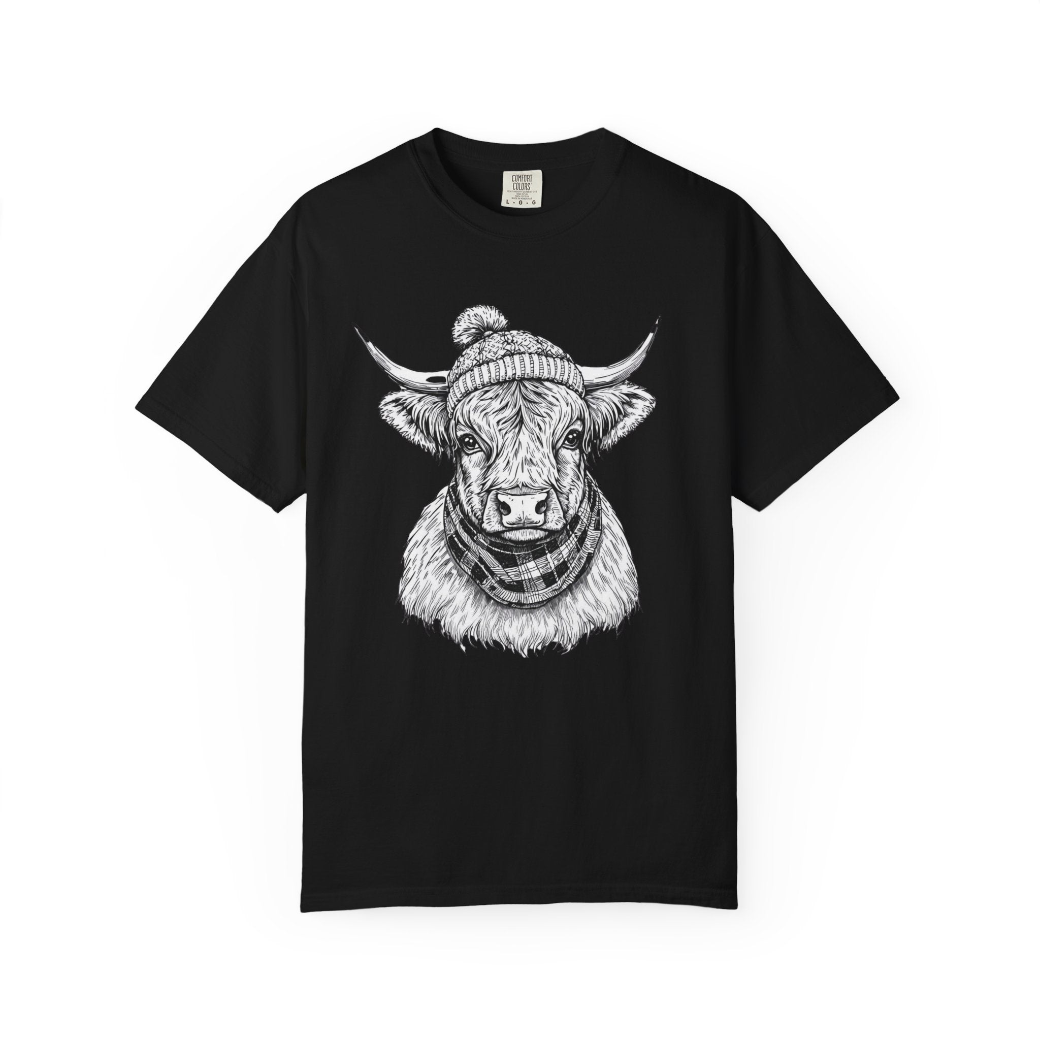 Highland Cow Graphic T-Shirt — Cozy Scarf & Beanie Bull Illustration