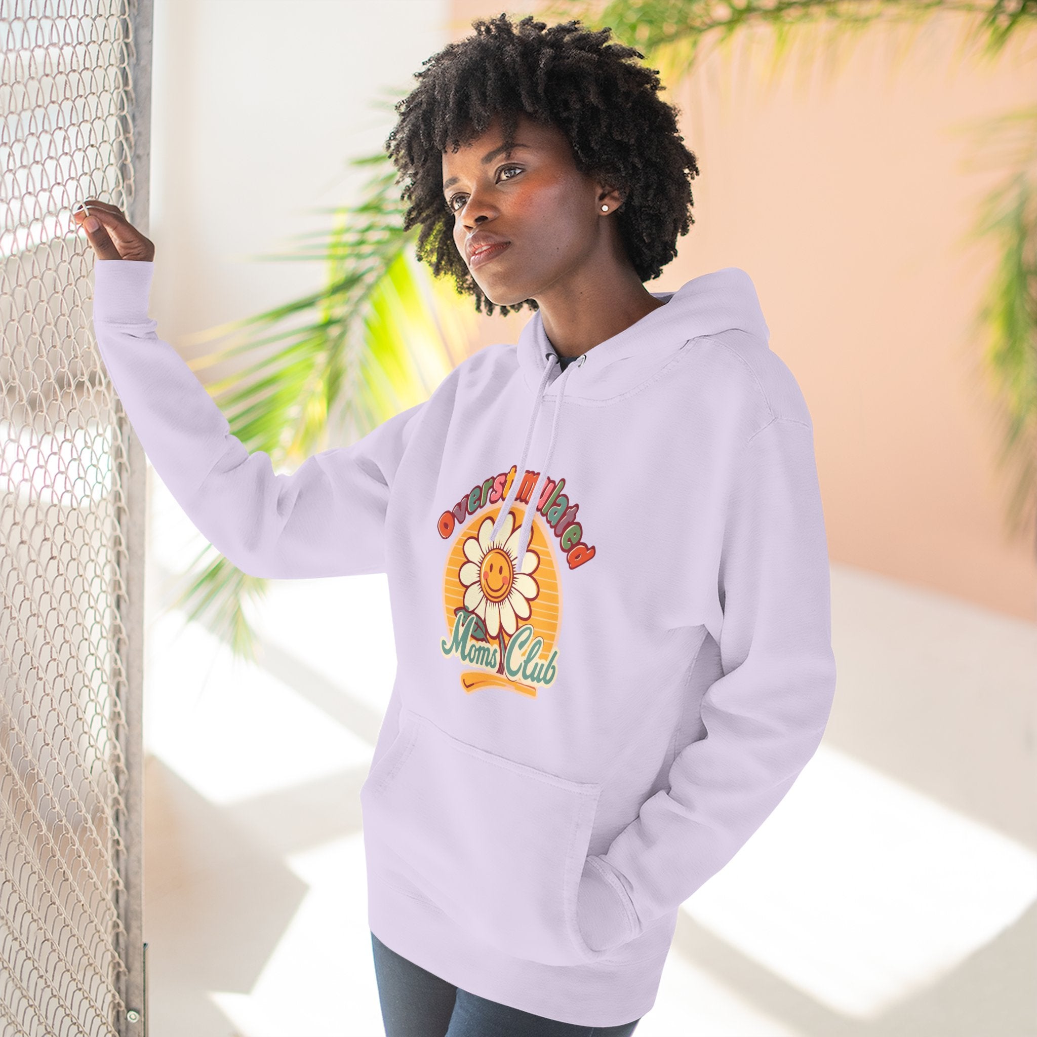 Retro "Moms Club" Fleece Hoodie — Sunshine Flower Graphic