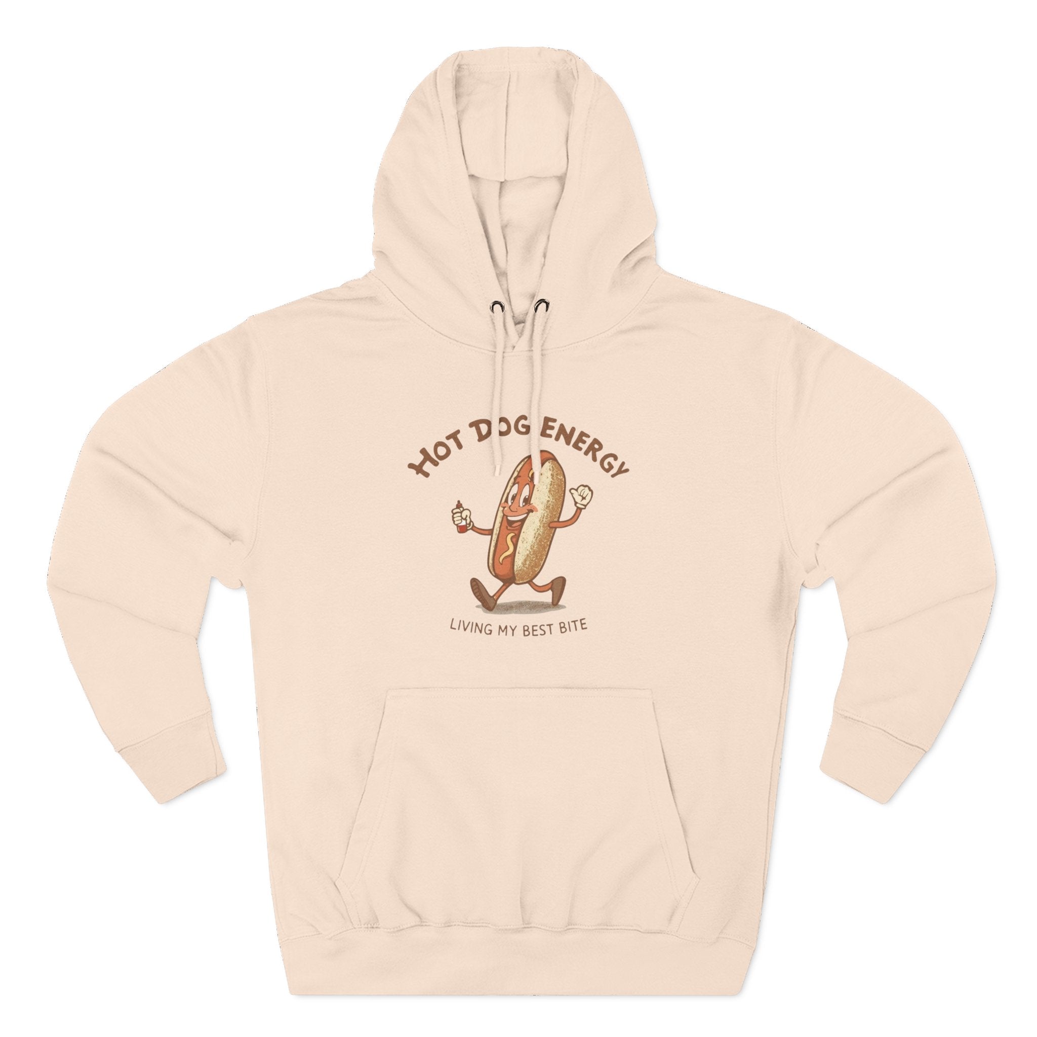 Hot Dog Energy Hoodie — Funny Cartoon Hotdog "Living My Best Bite" Pullover