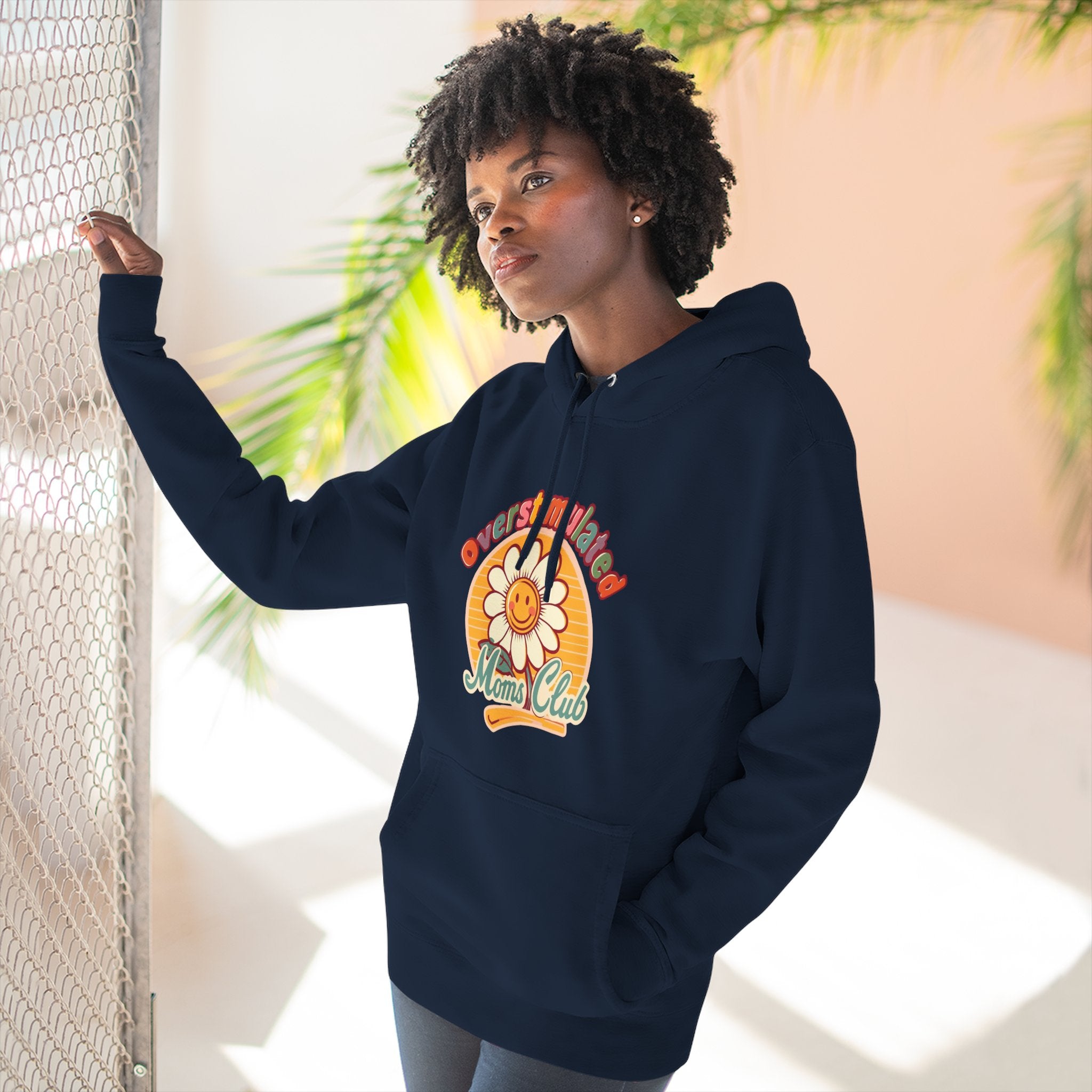 Retro "Moms Club" Fleece Hoodie — Sunshine Flower Graphic