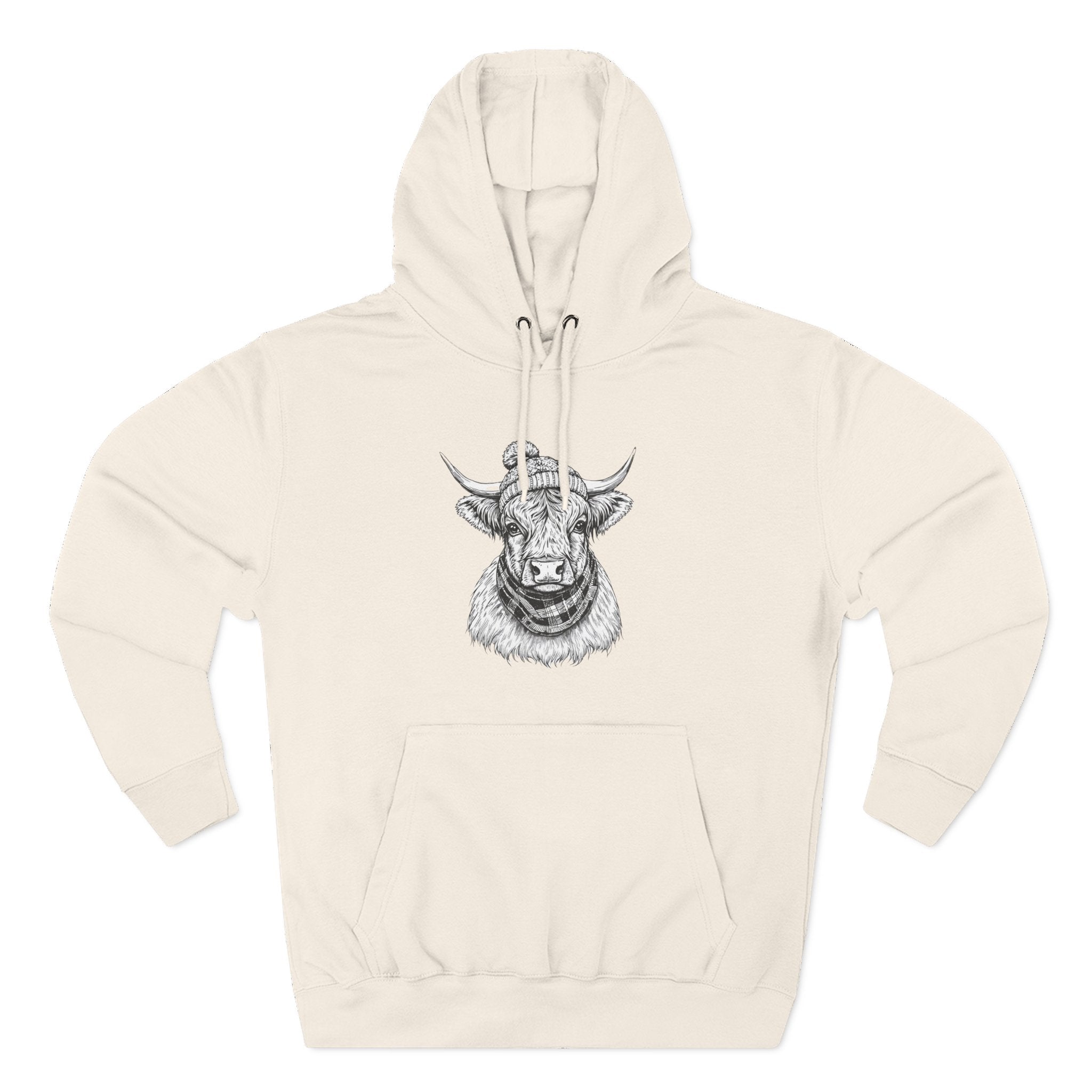 Highland Cow Sketch Hoodie - Detailed Bull Head Graphic Fleece Pullover