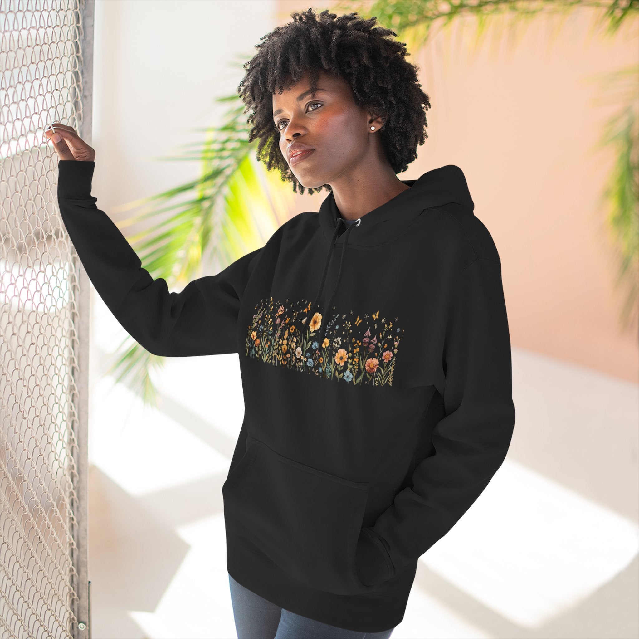 Floral Meadow Fleece Hoodie — Soft Boho Wildflower Stripe Design