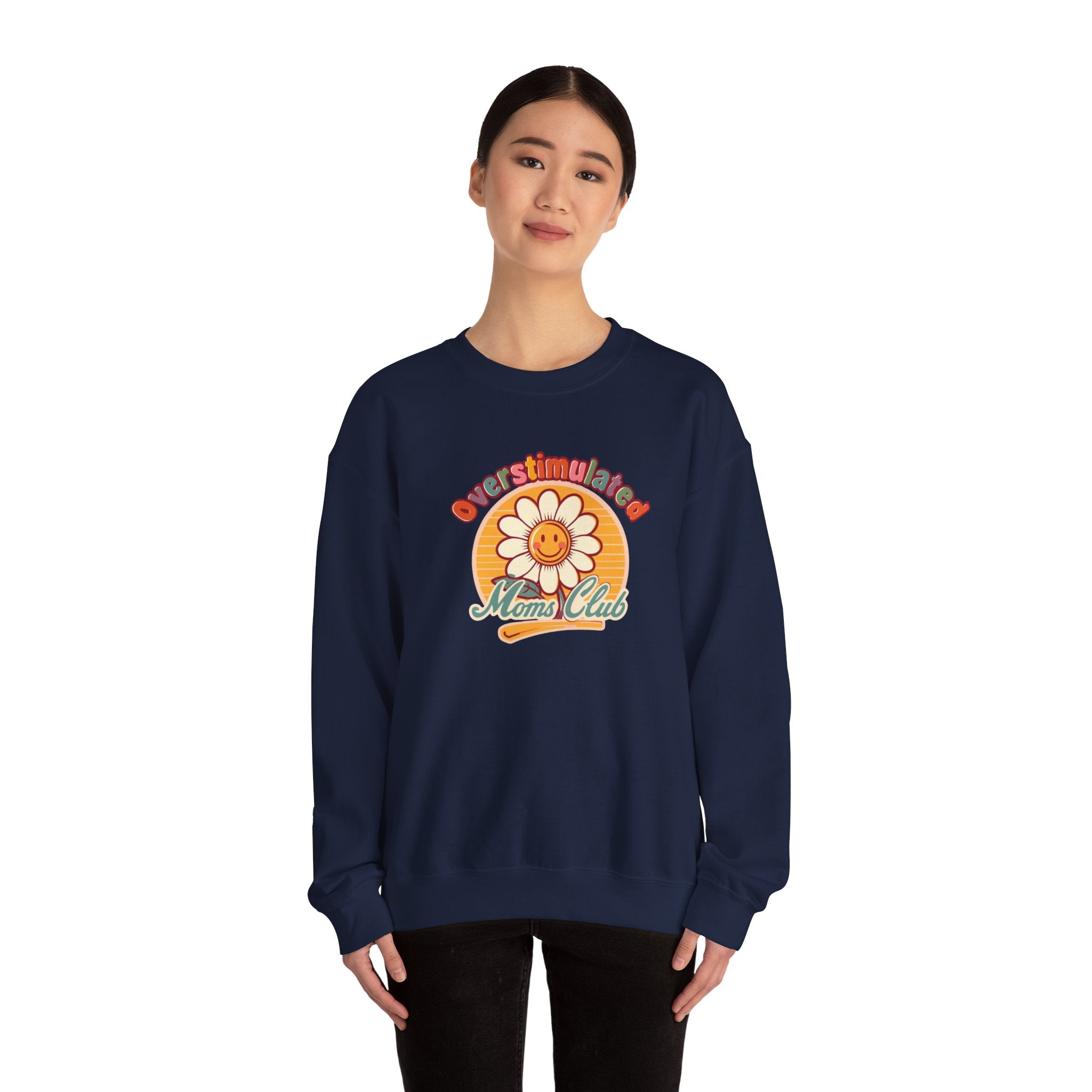 Oversaturated Moms Club Crewneck Sweatshirt — Retro Smiley Daisy Mom Gift