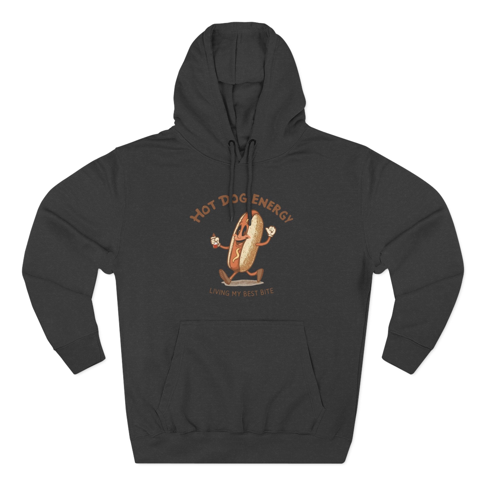 Hot Dog Energy Hoodie — Funny Cartoon Hotdog "Living My Best Bite" Pullover
