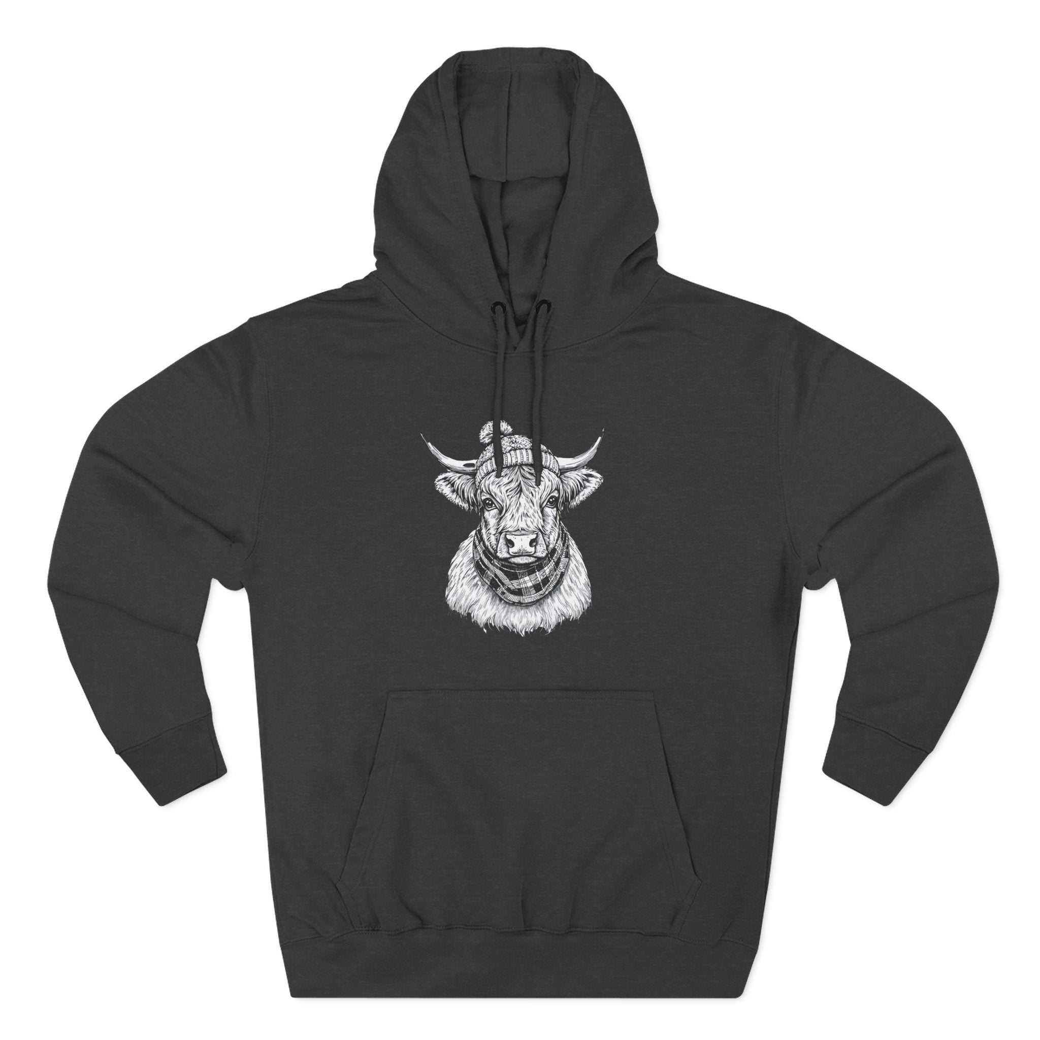 Highland Cow Sketch Hoodie - Detailed Bull Head Graphic Fleece Pullover