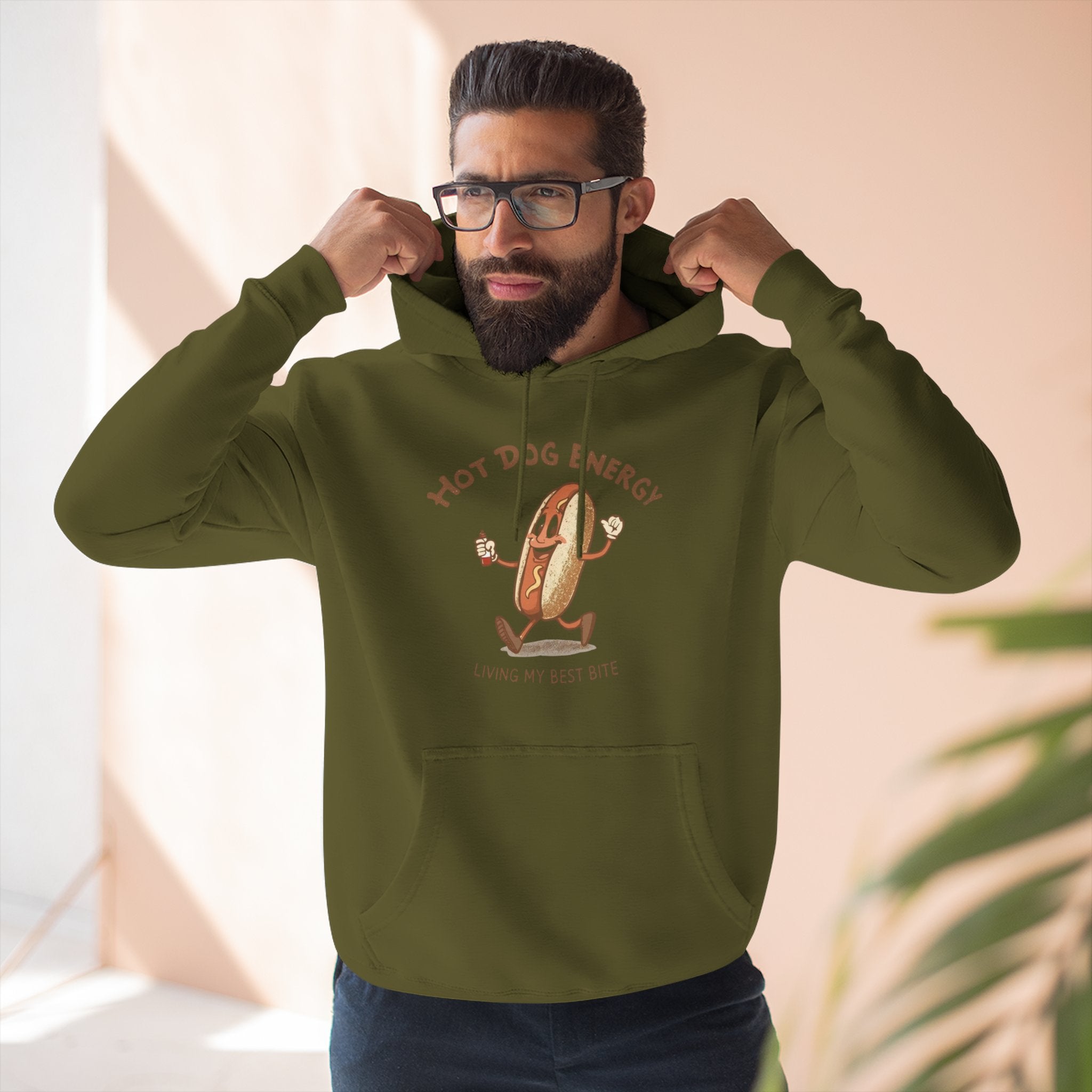 Hot Dog Energy Hoodie — Funny Cartoon Hotdog "Living My Best Bite" Pullover