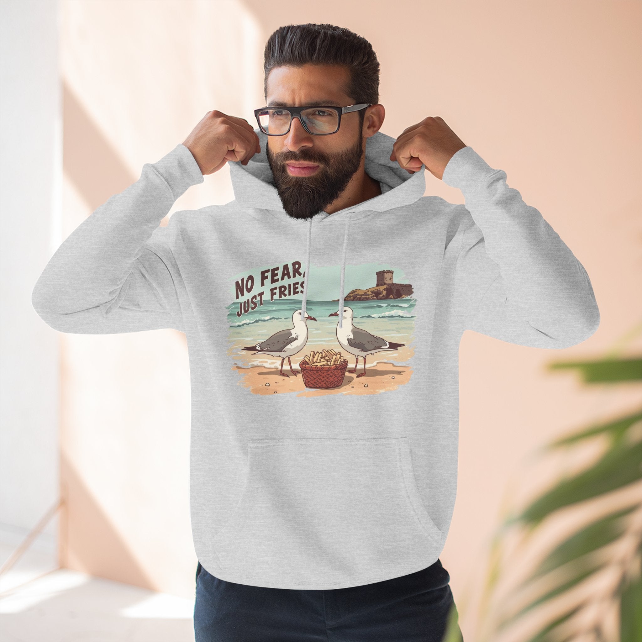 Seagull Beach Hoodie – “No Fear Just Fries” Retro Coastal Graphic Hoodie