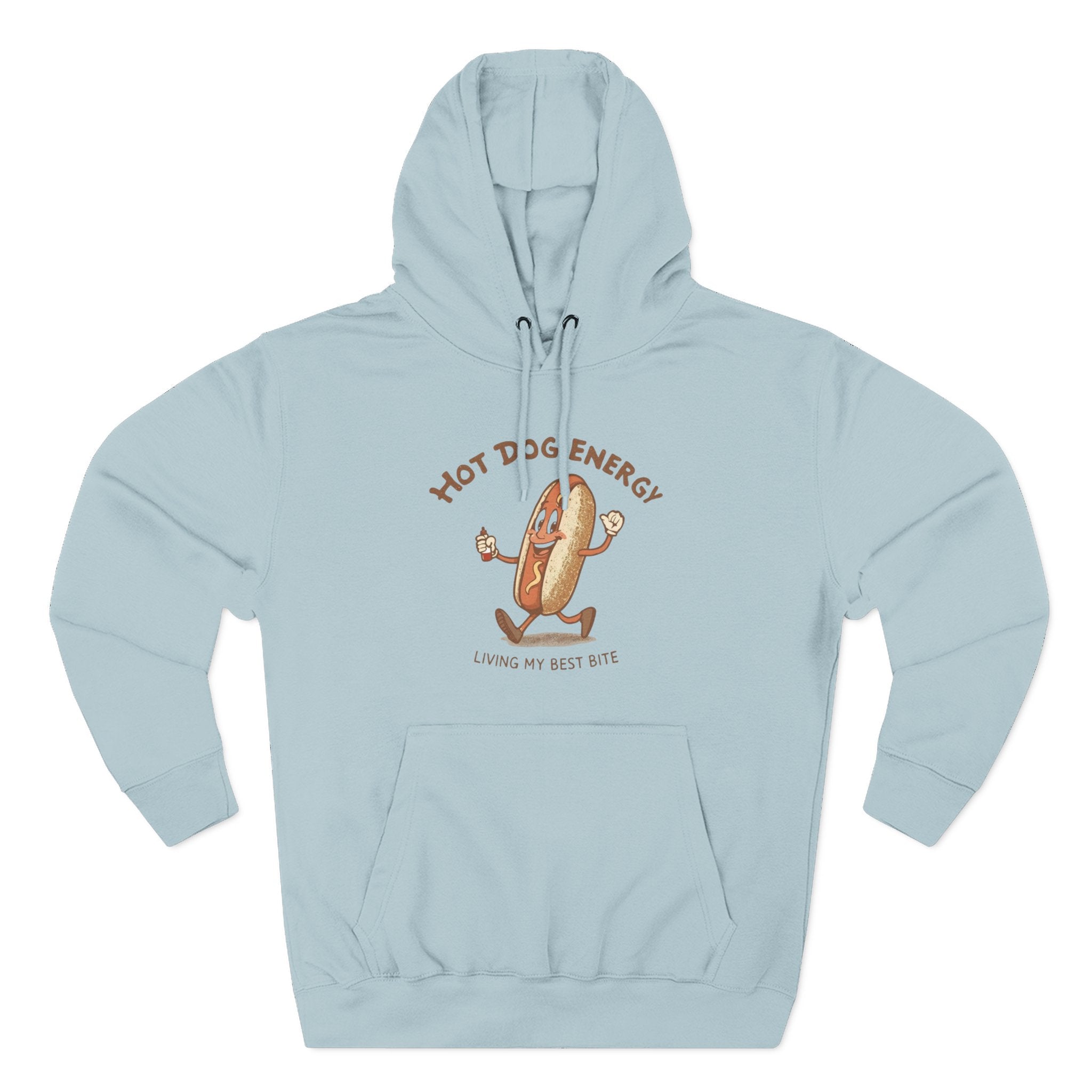 Hot Dog Energy Hoodie — Funny Cartoon Hotdog "Living My Best Bite" Pullover