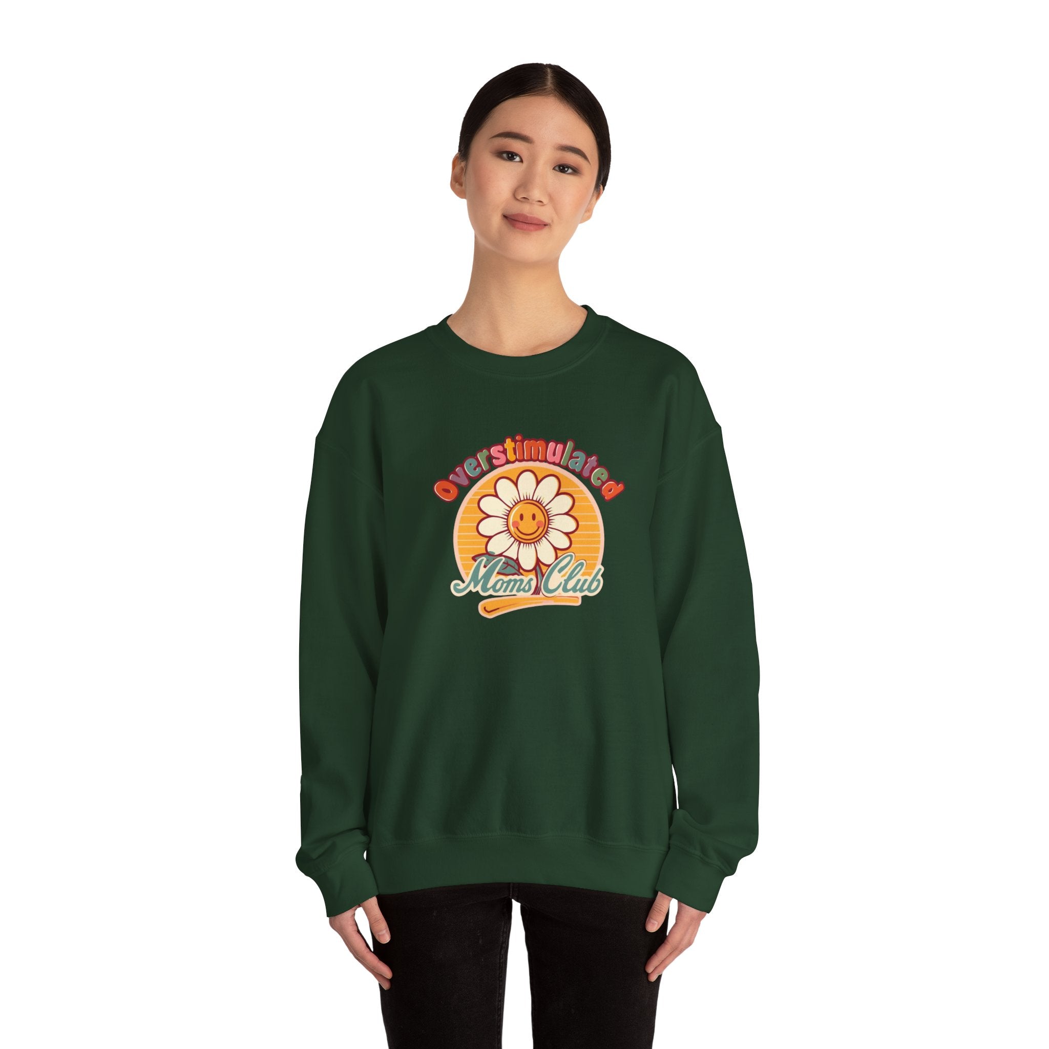 Oversaturated Moms Club Crewneck Sweatshirt — Retro Smiley Daisy Mom Gift