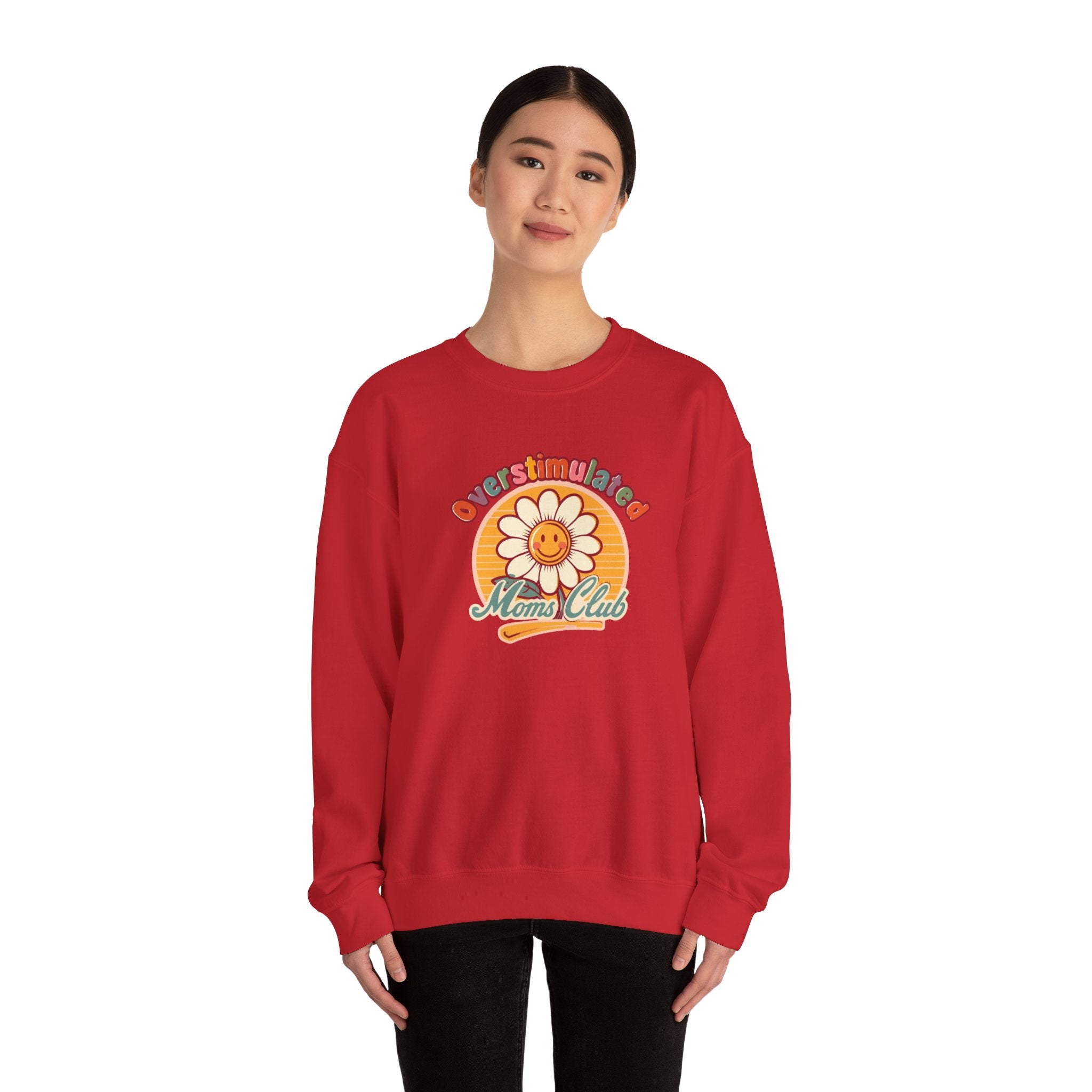 Oversaturated Moms Club Crewneck Sweatshirt — Retro Smiley Daisy Mom Gift