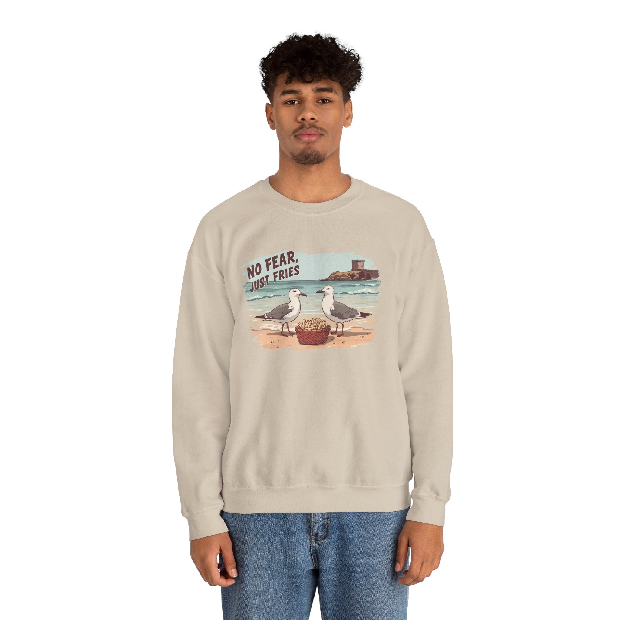 Crewneck Sweatshirt - "No Fear, Just Fries" Seagull Beach Graphic