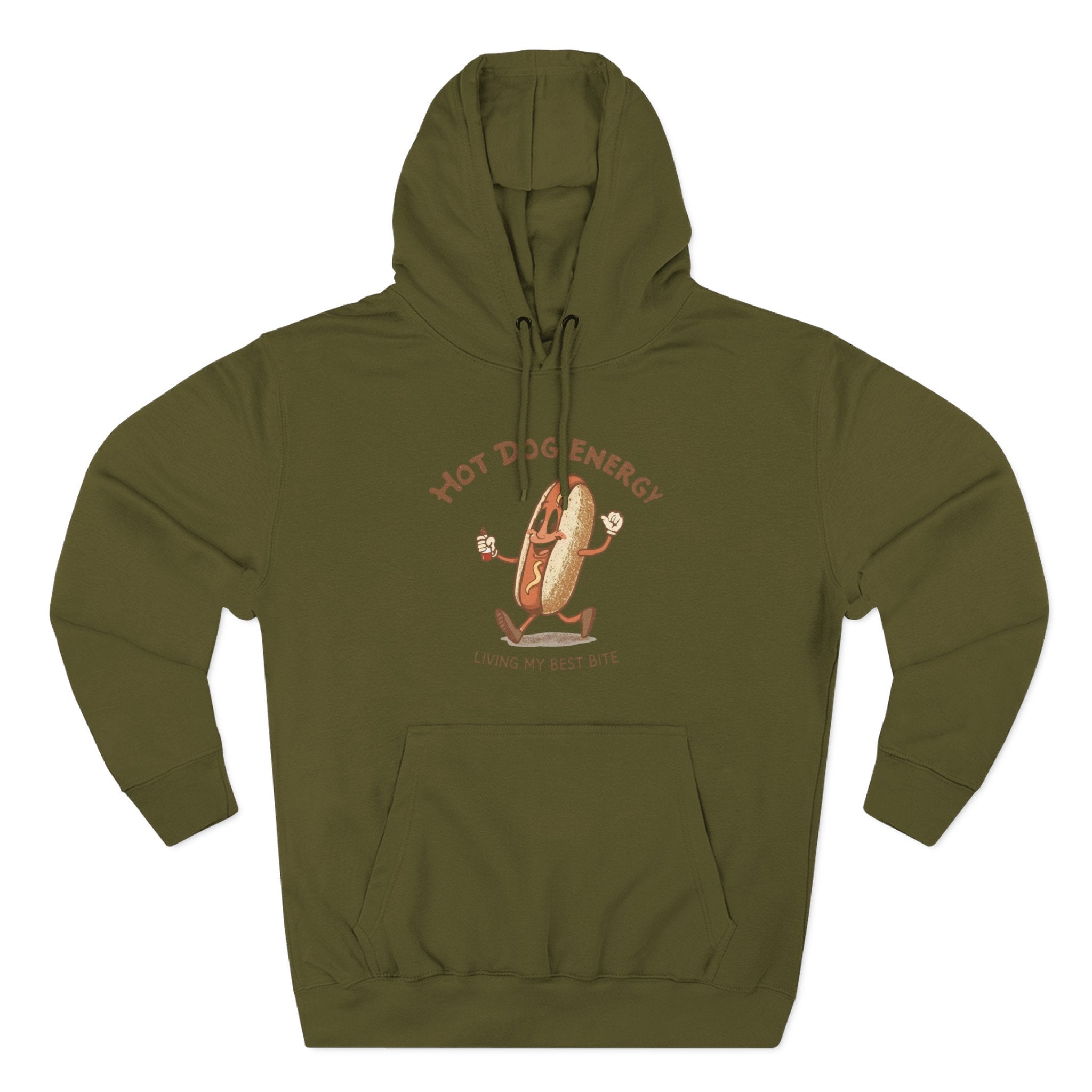 Hot Dog Energy Hoodie — Funny Cartoon Hotdog "Living My Best Bite" Pullover