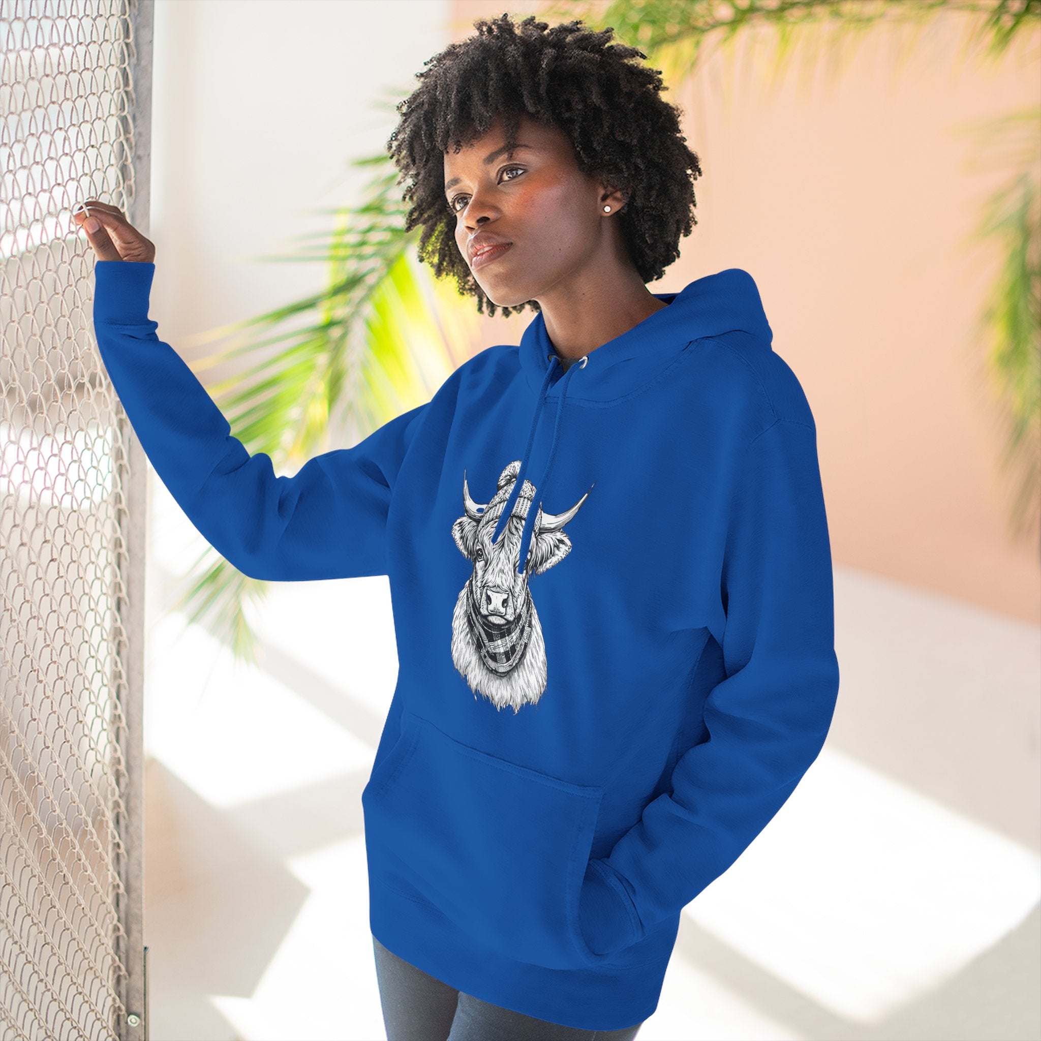 Highland Cow Sketch Hoodie - Detailed Bull Head Graphic Fleece Pullover
