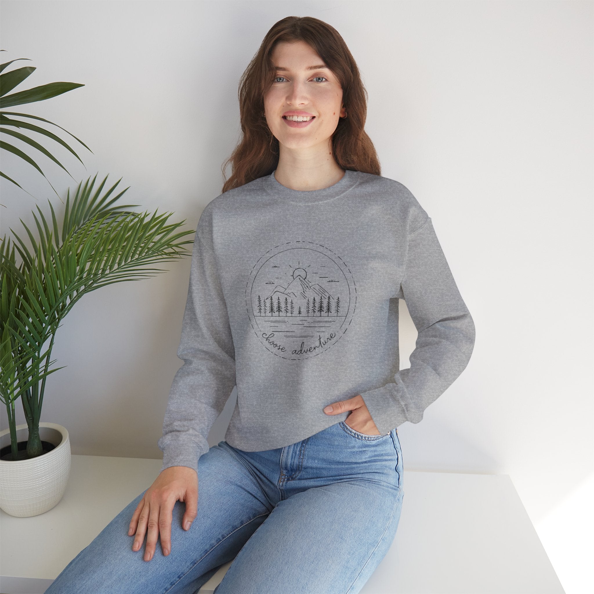 Adventure Forest Crewneck Sweatshirt – Scenic Mountain & Trees Graphic ('Choose Adventure')