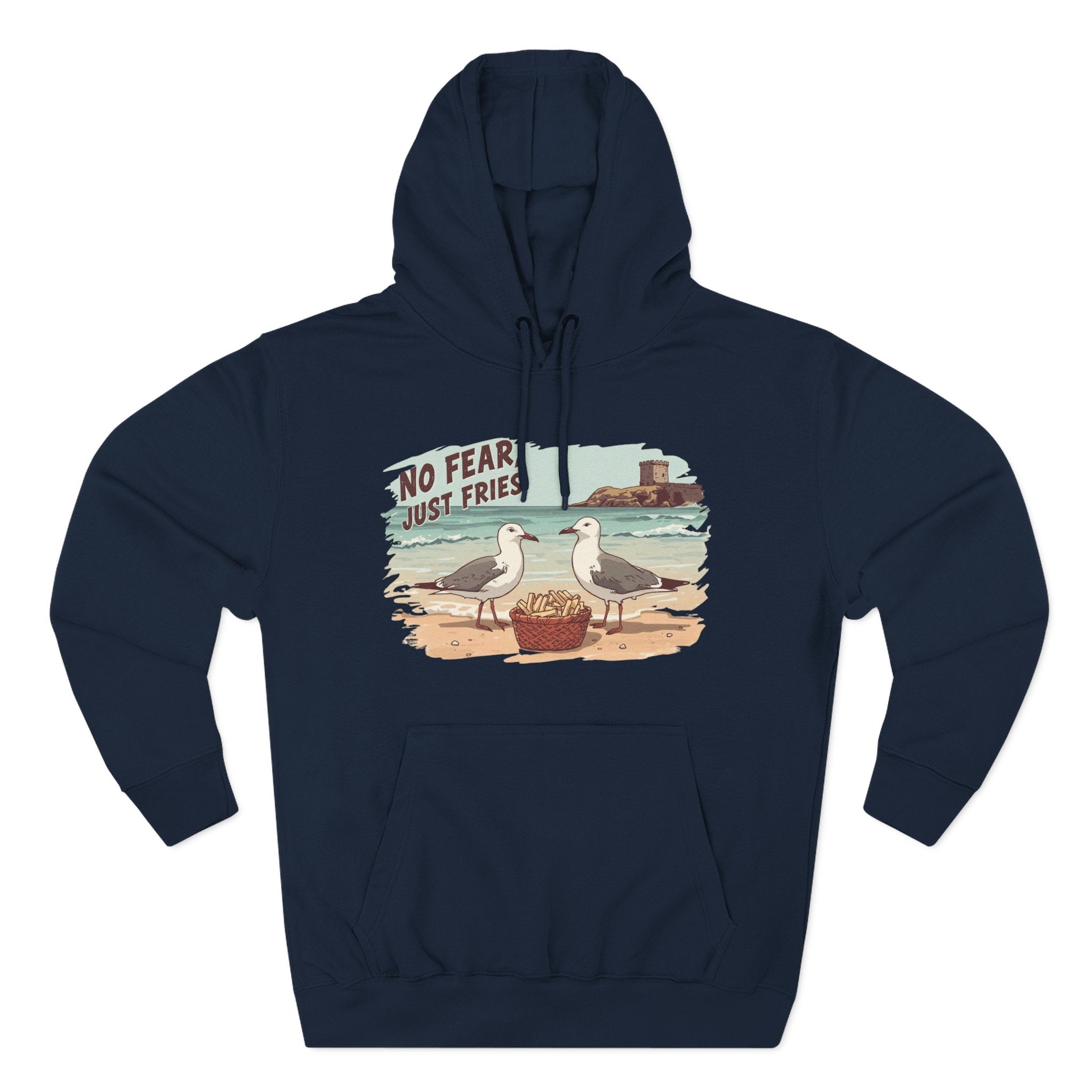 Seagull Beach Hoodie – “No Fear Just Fries” Retro Coastal Graphic Hoodie