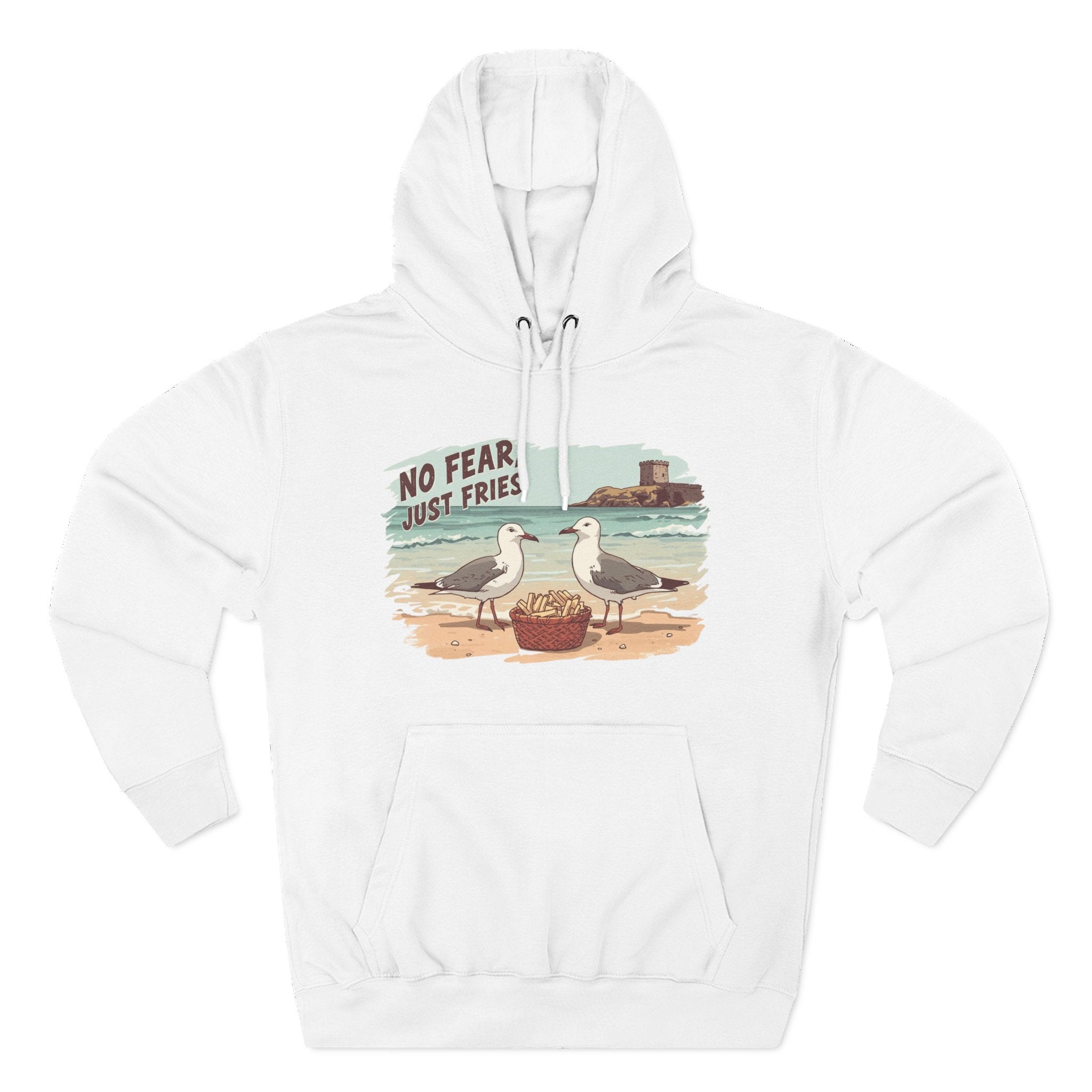 Seagull Beach Hoodie – “No Fear Just Fries” Retro Coastal Graphic Hoodie