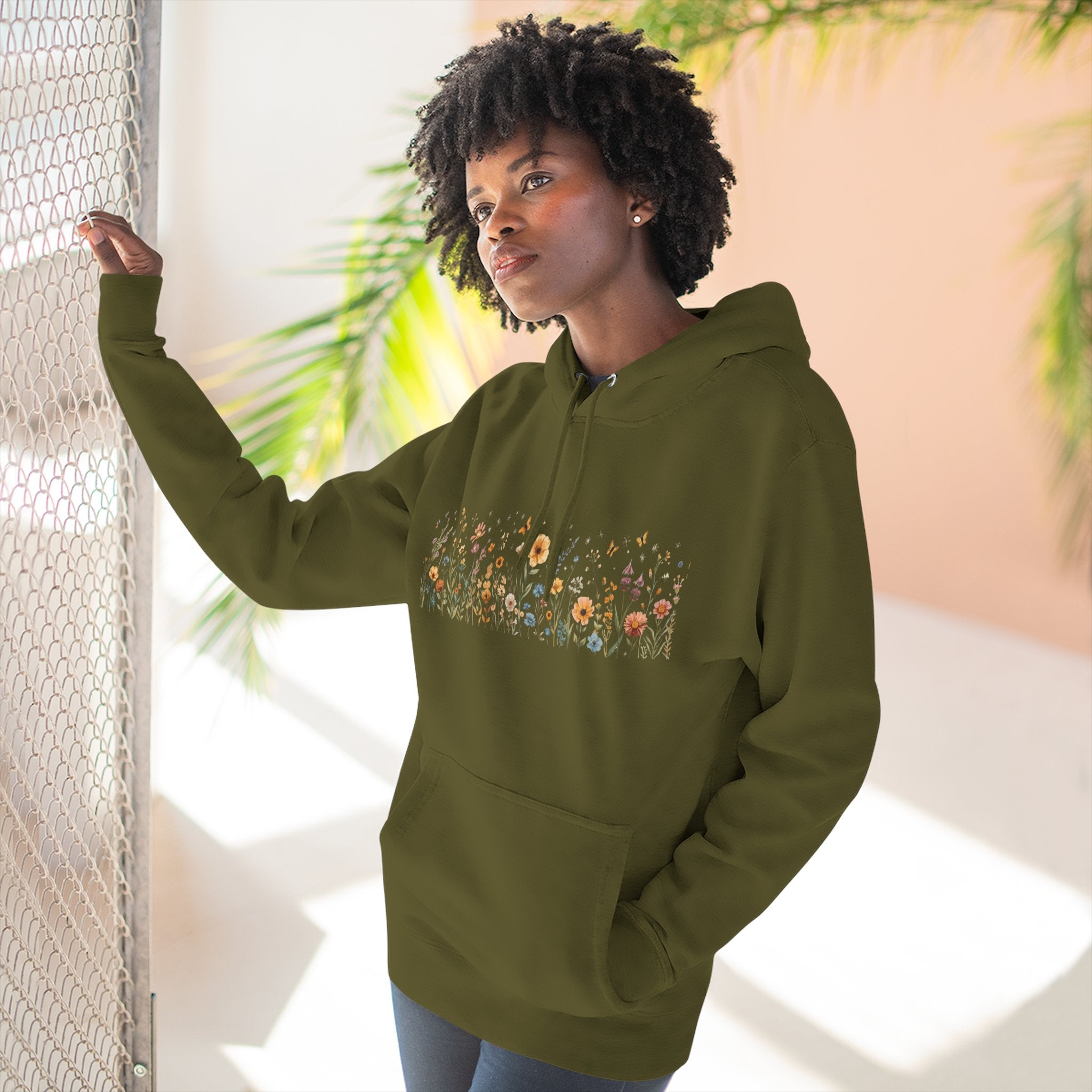 Floral Meadow Fleece Hoodie — Soft Boho Wildflower Stripe Design