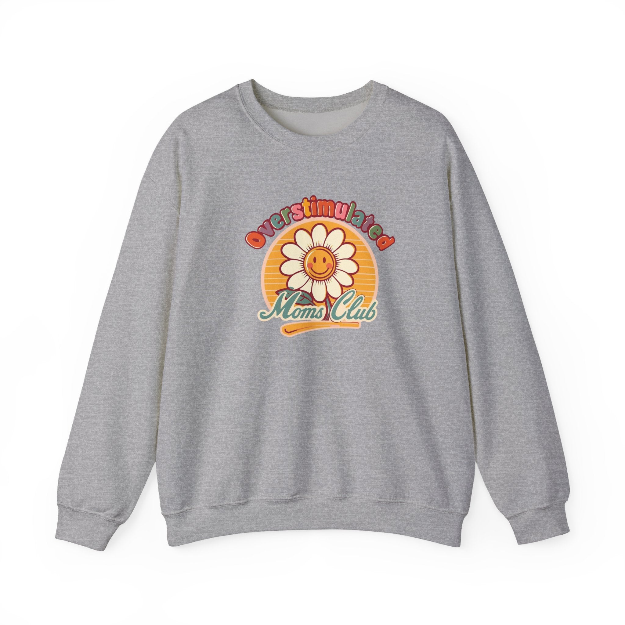 Oversaturated Moms Club Crewneck Sweatshirt — Retro Smiley Daisy Mom Gift