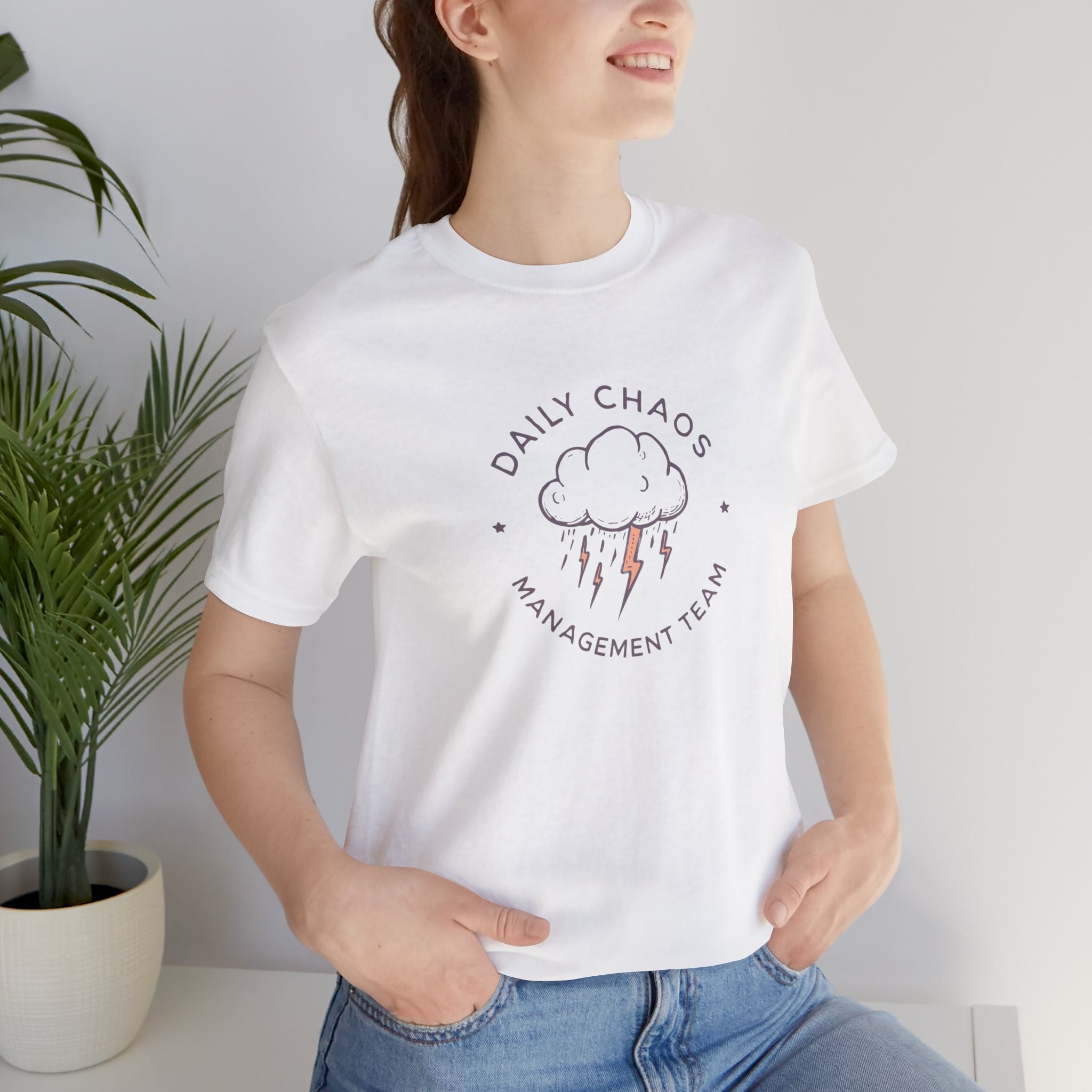 Daily Chaos Management Team Tee — Cute Lightning Cloud Graphic T-Shirt