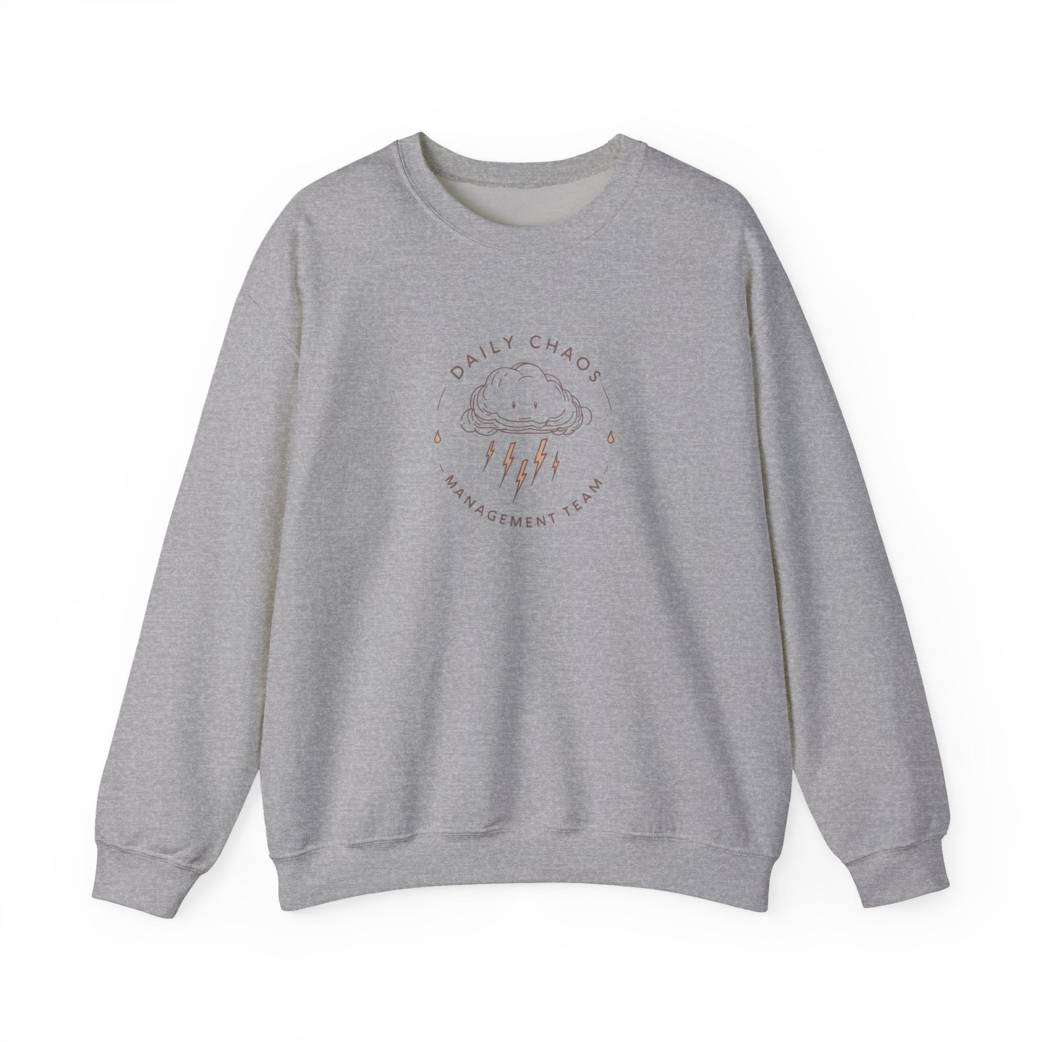 Crewneck Sweatshirt — "Daily Chaos Management Team" Cloud & Lightning Graphic