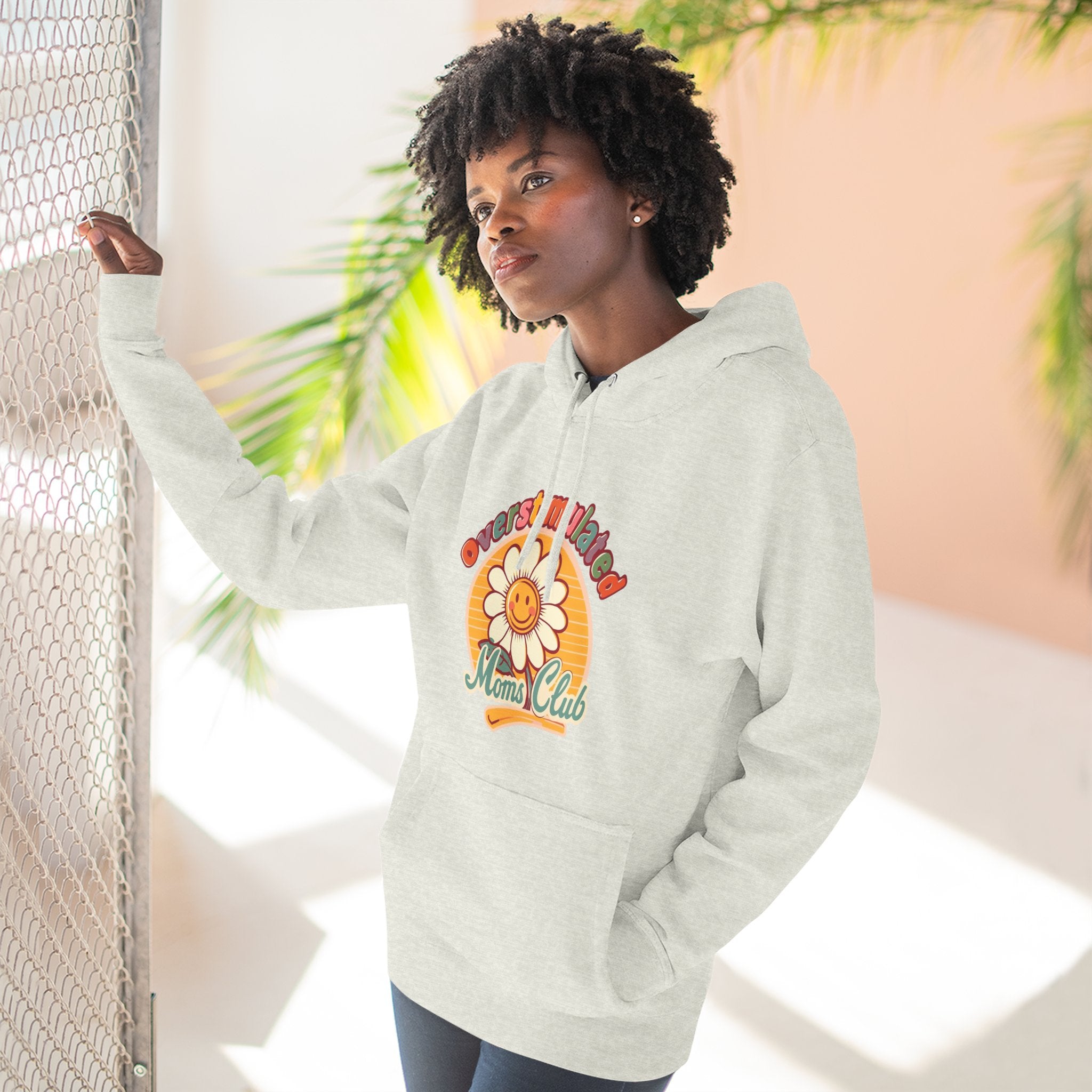 Retro "Moms Club" Fleece Hoodie — Sunshine Flower Graphic