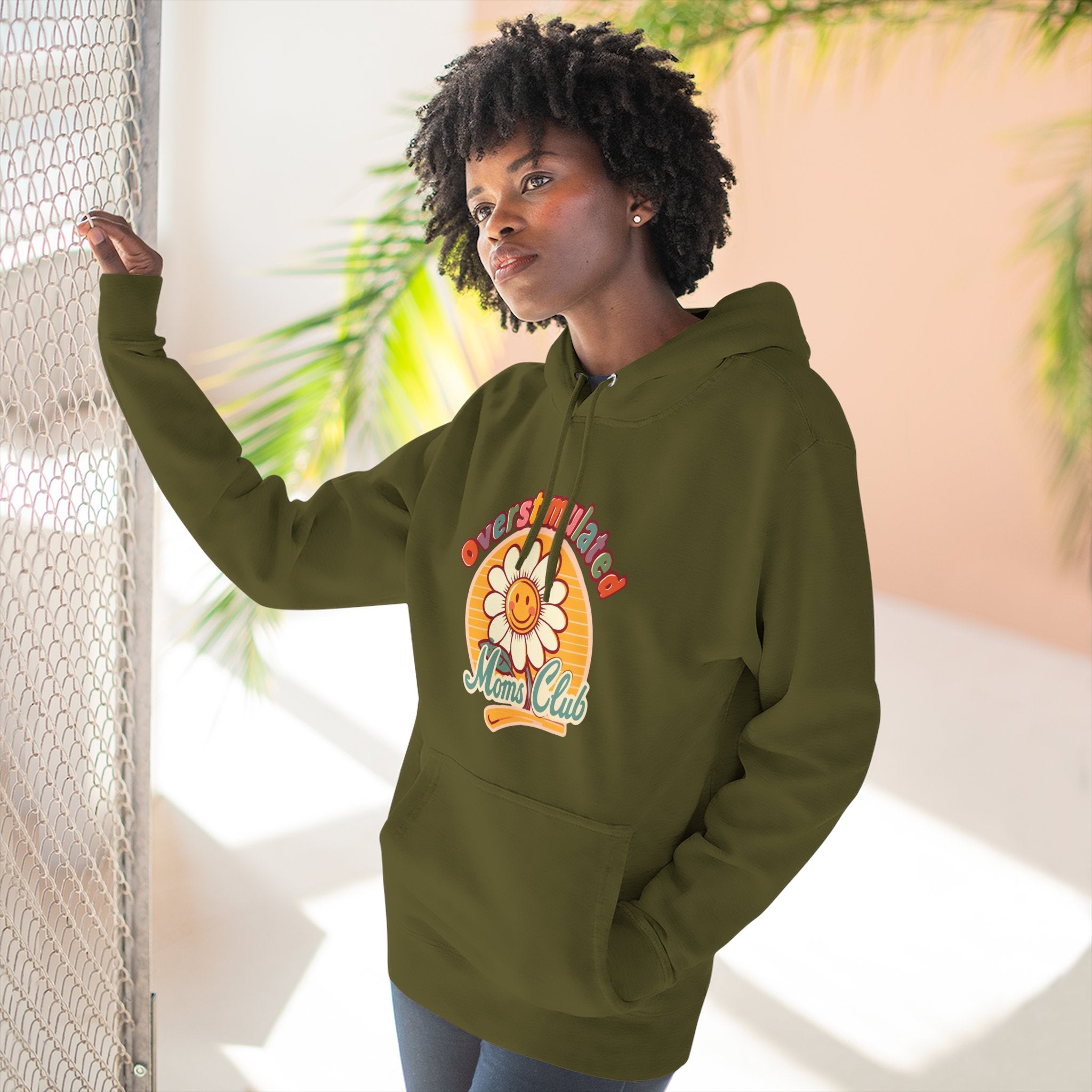 Retro "Moms Club" Fleece Hoodie — Sunshine Flower Graphic