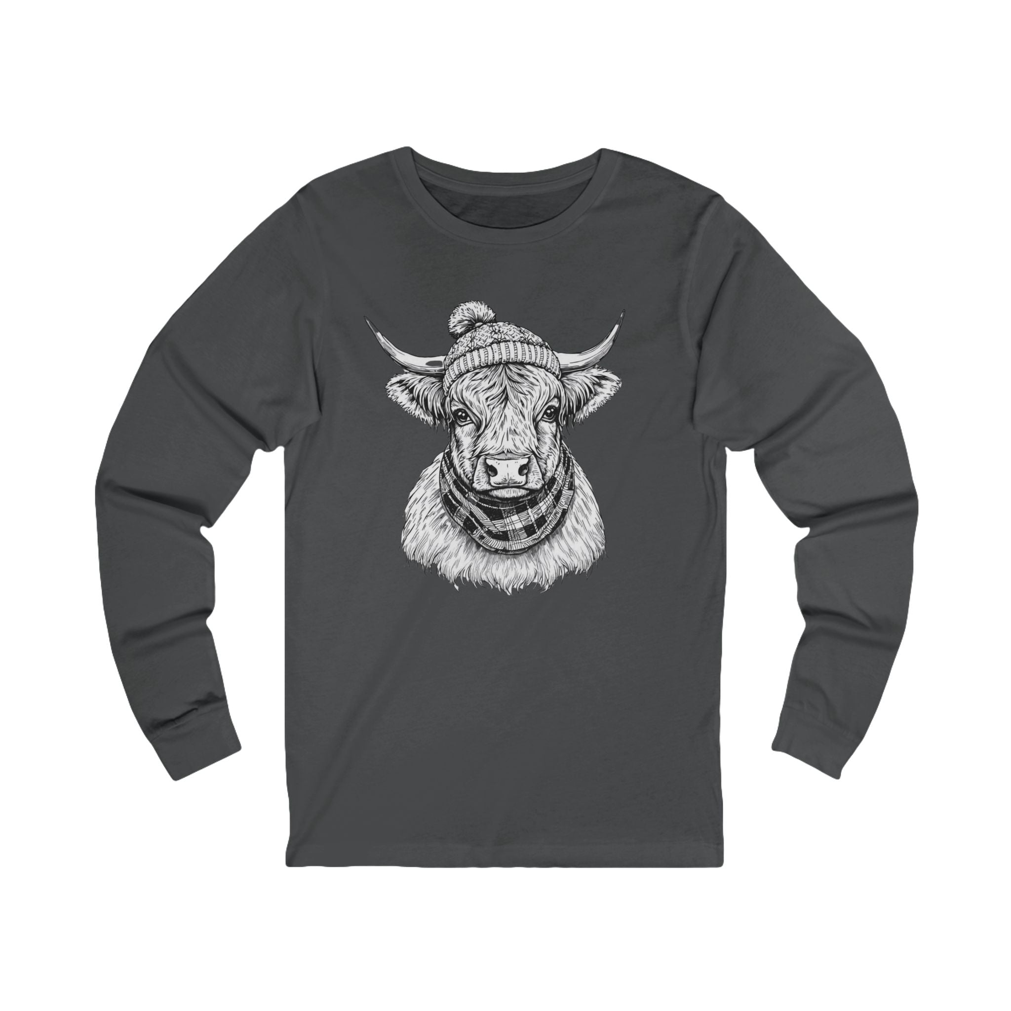 Highland Cow Sketch Long Sleeve Tee — Rustic Farm Animal Graphic Shirt