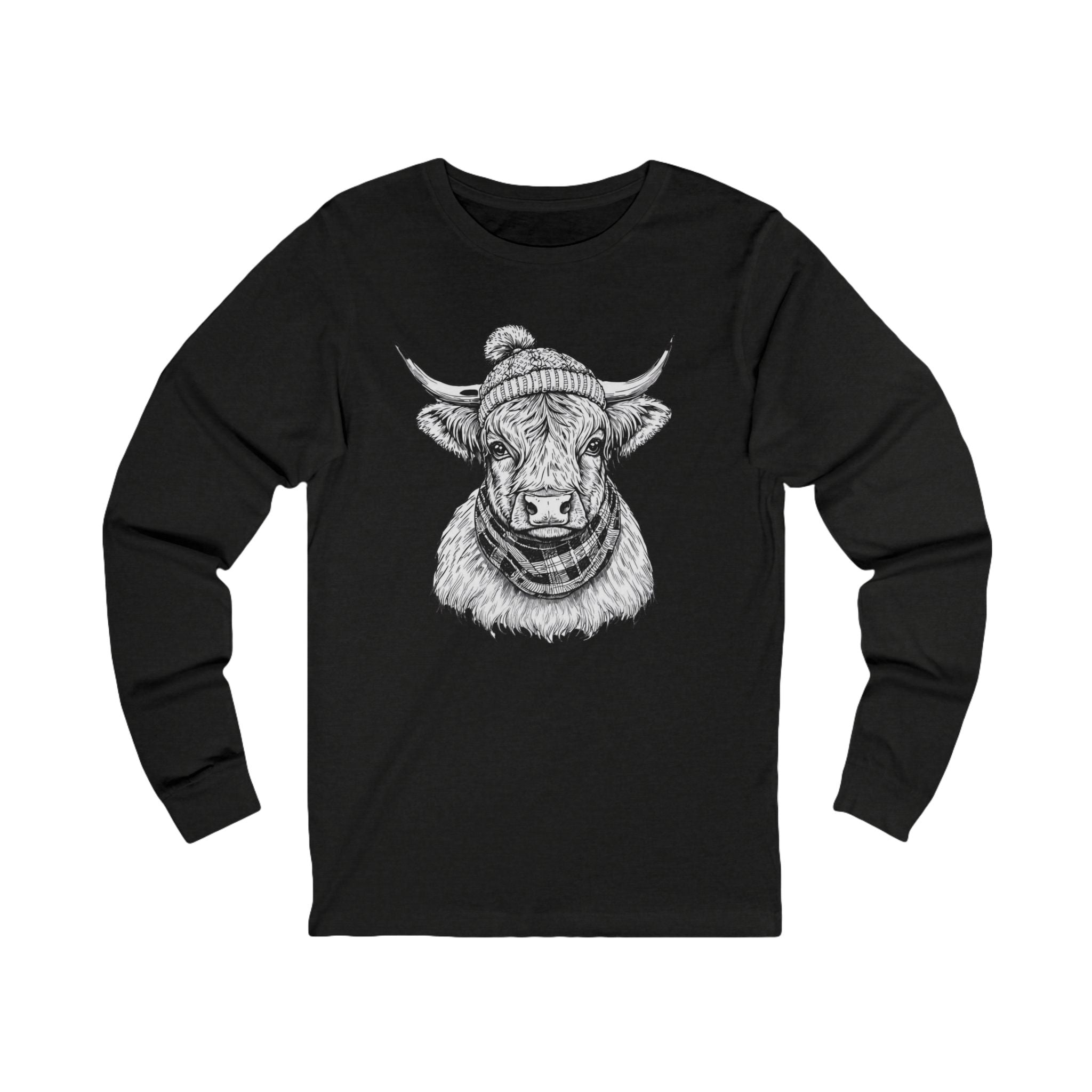 Highland Cow Sketch Long Sleeve Tee — Rustic Farm Animal Graphic Shirt
