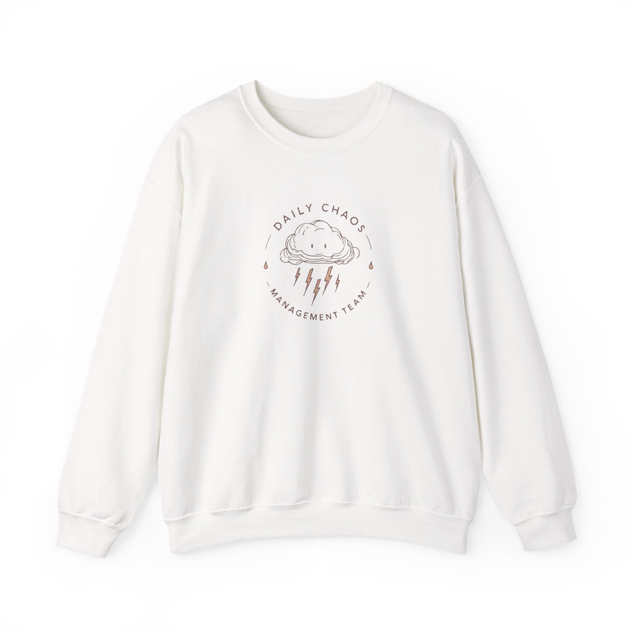 Crewneck Sweatshirt — "Daily Chaos Management Team" Cloud & Lightning Graphic