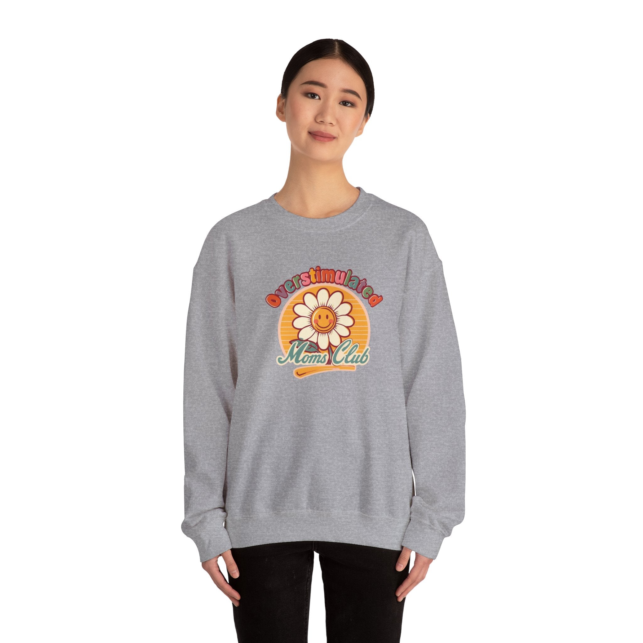 Oversaturated Moms Club Crewneck Sweatshirt — Retro Smiley Daisy Mom Gift
