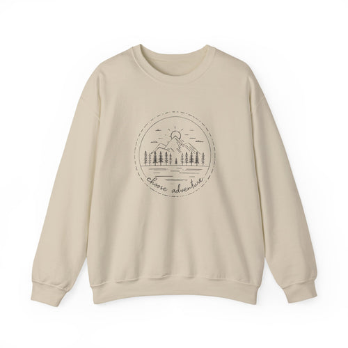 Adventure Forest Crewneck Sweatshirt – Scenic Mountain & Trees Graphic ('Choose Adventure')
