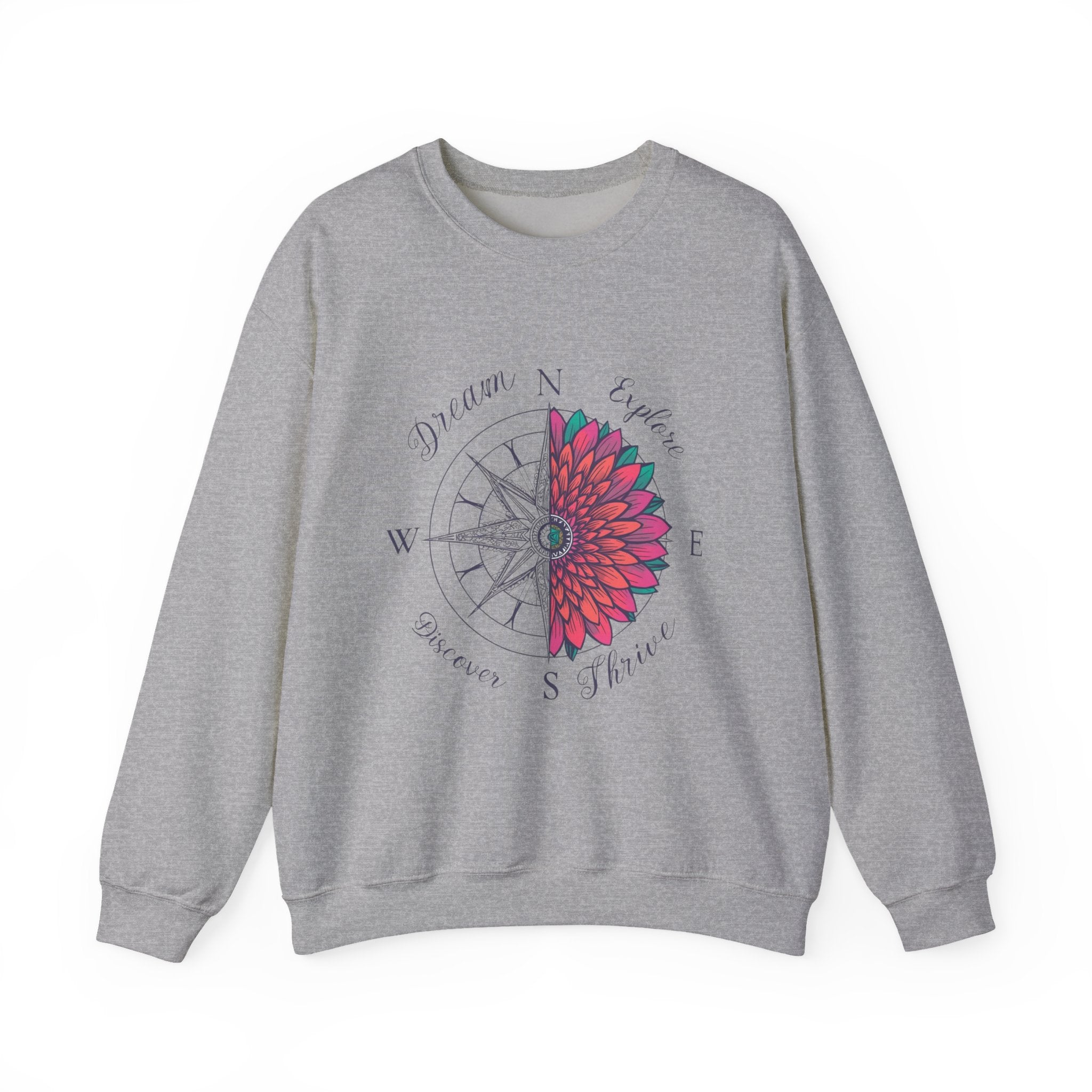 Compass Flower Crewneck Sweatshirt — "Dream, Explore, Discover" Graphic