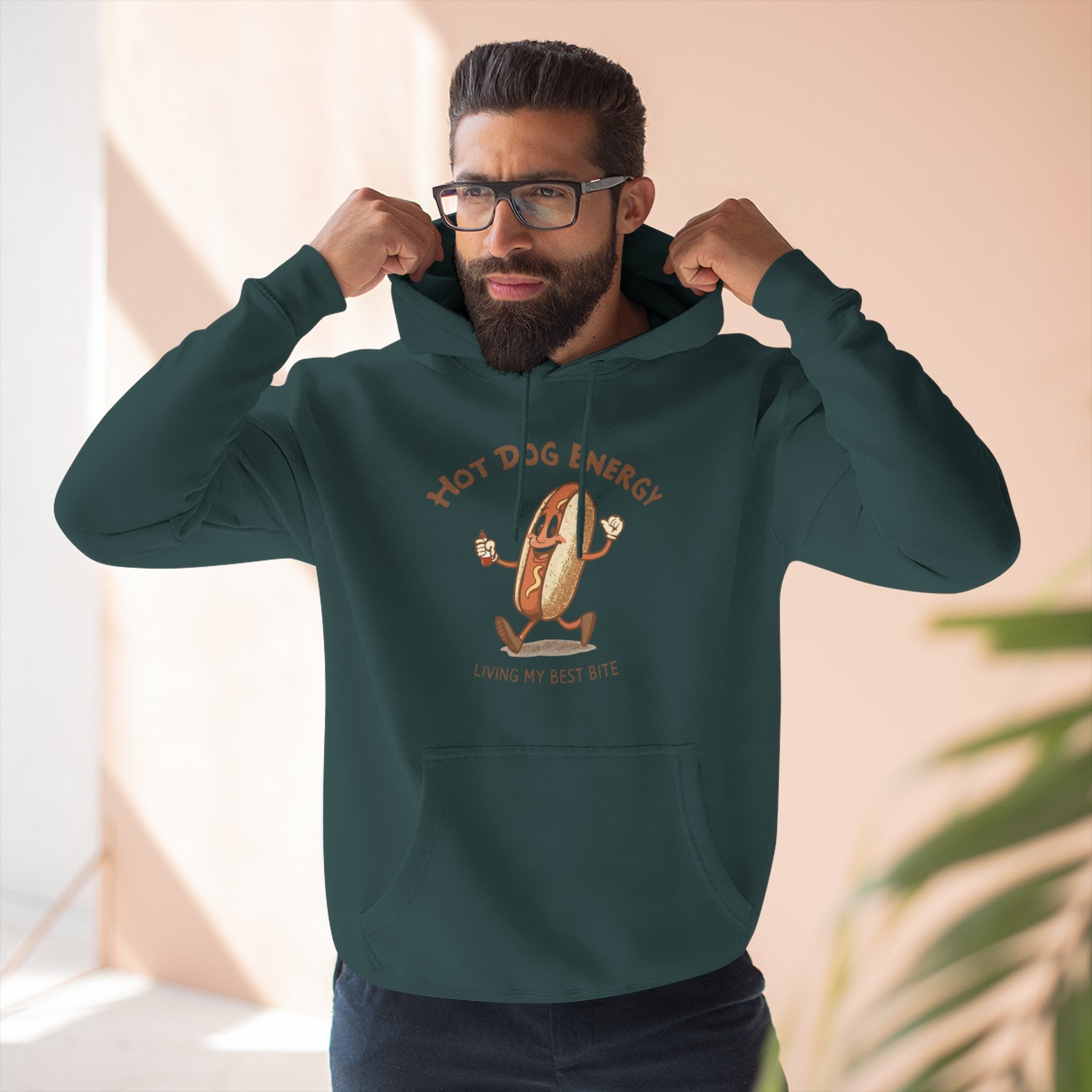 Hot Dog Energy Hoodie — Funny Cartoon Hotdog "Living My Best Bite" Pullover
