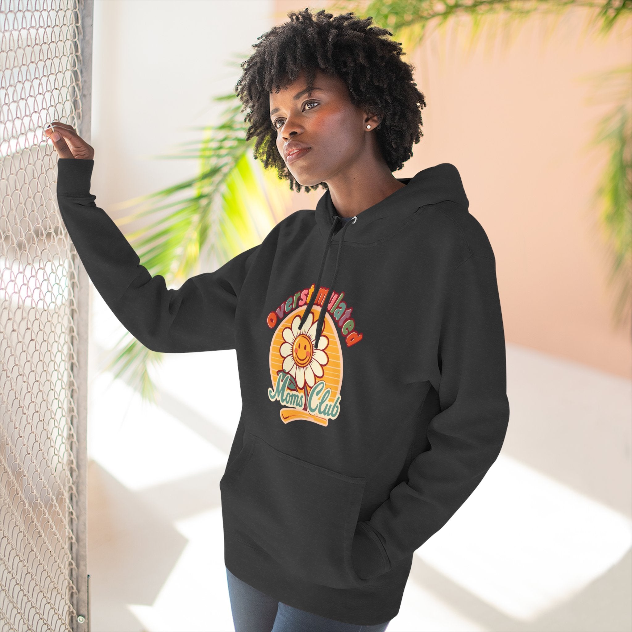 Retro "Moms Club" Fleece Hoodie — Sunshine Flower Graphic