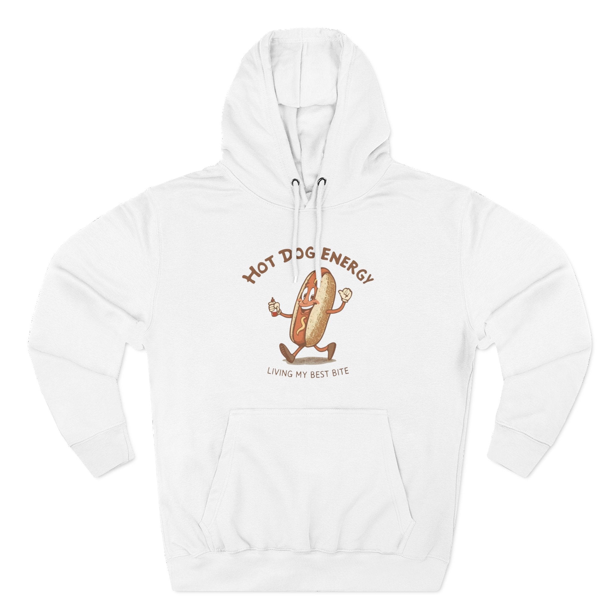 Hot Dog Energy Hoodie — Funny Cartoon Hotdog "Living My Best Bite" Pullover