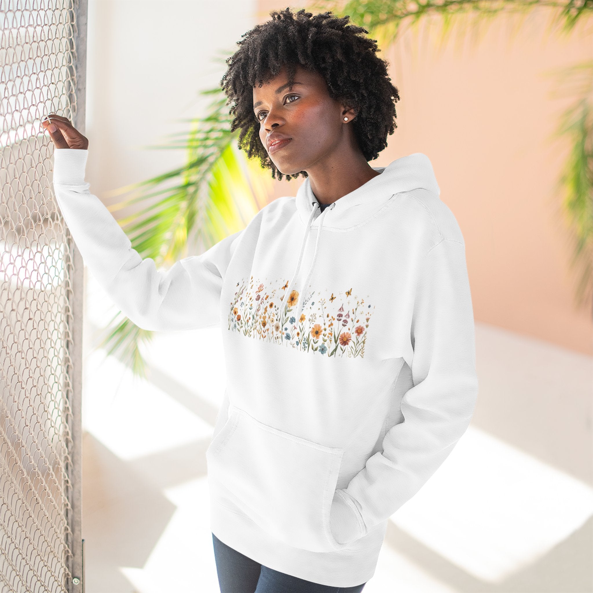 Floral Meadow Fleece Hoodie — Soft Boho Wildflower Stripe Design