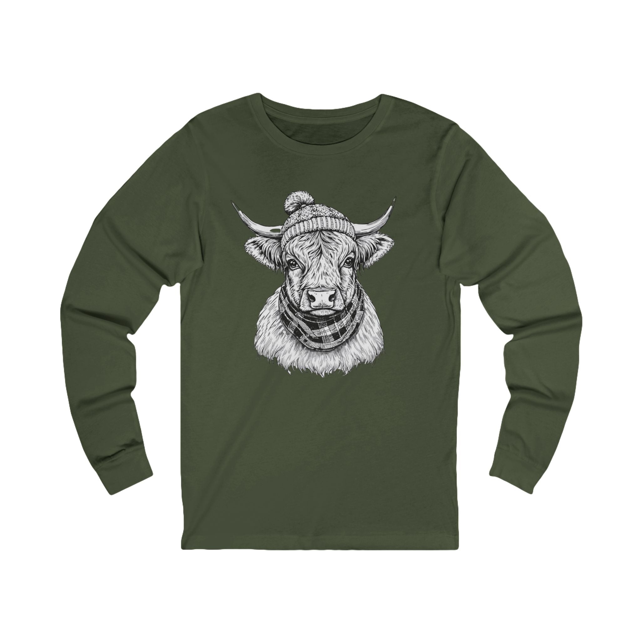 Highland Cow Sketch Long Sleeve Tee — Rustic Farm Animal Graphic Shirt