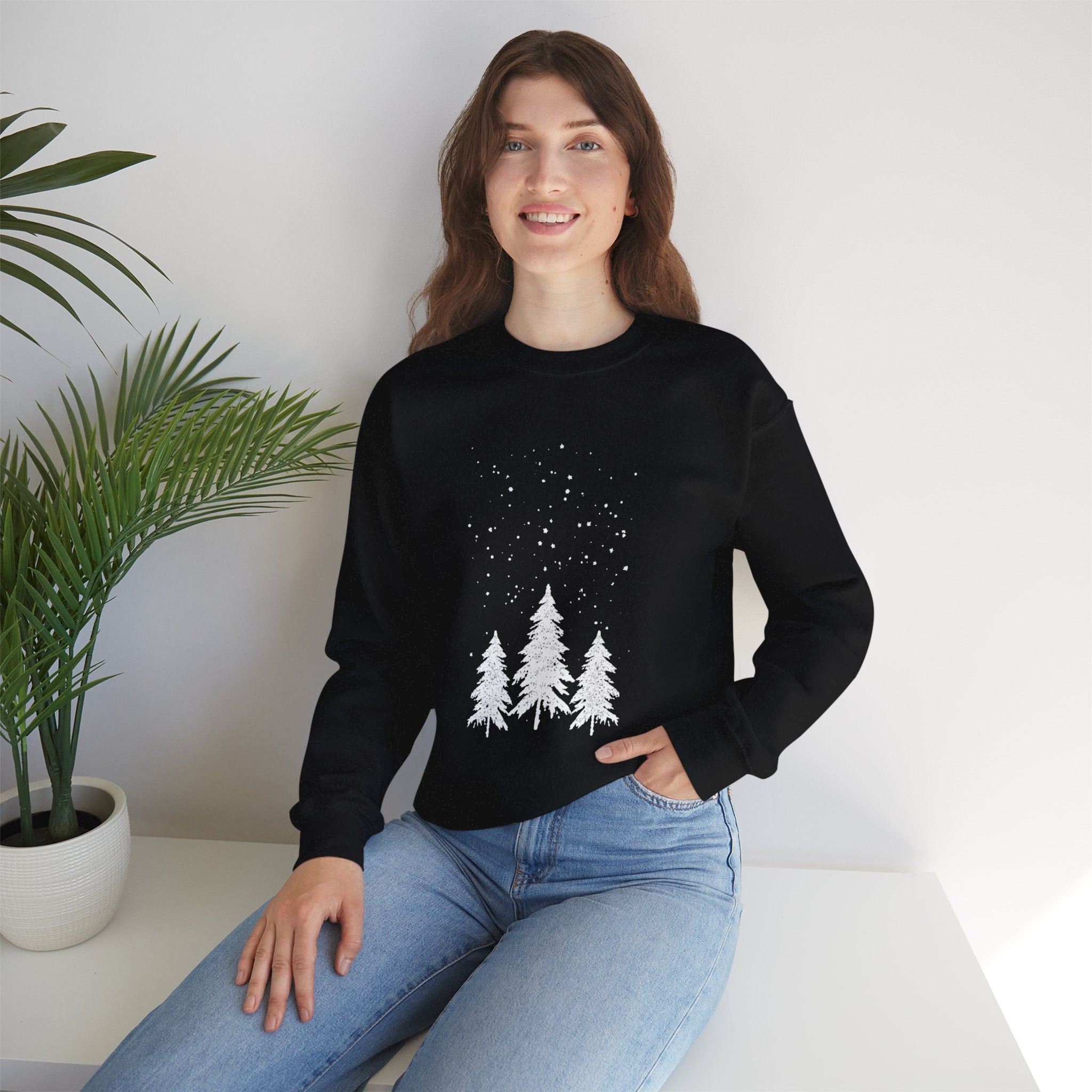 Winter Pines Crewneck Sweatshirt — Snowy Forest Holiday Sweatshirt