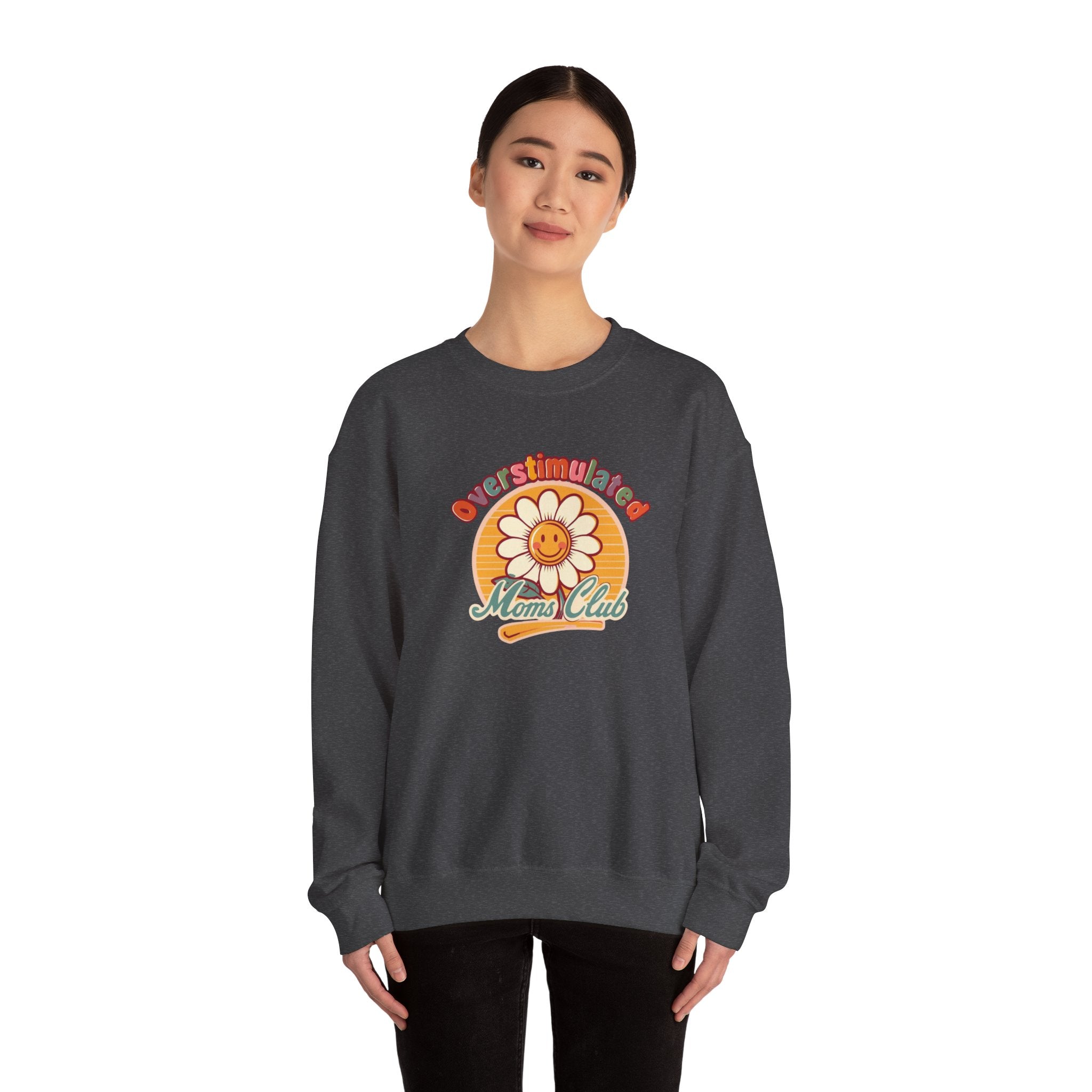 Oversaturated Moms Club Crewneck Sweatshirt — Retro Smiley Daisy Mom Gift