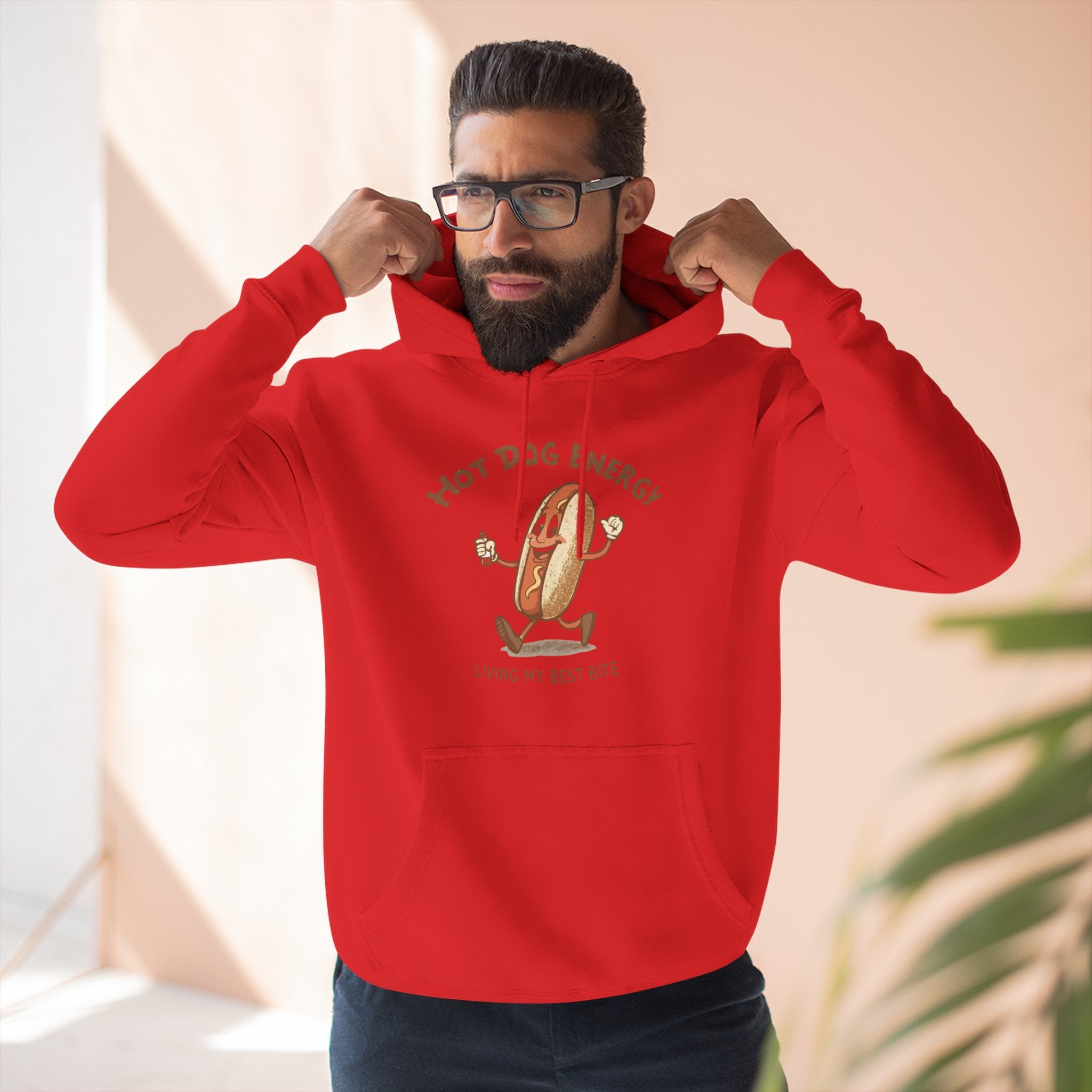 Hot Dog Energy Hoodie — Funny Cartoon Hotdog "Living My Best Bite" Pullover