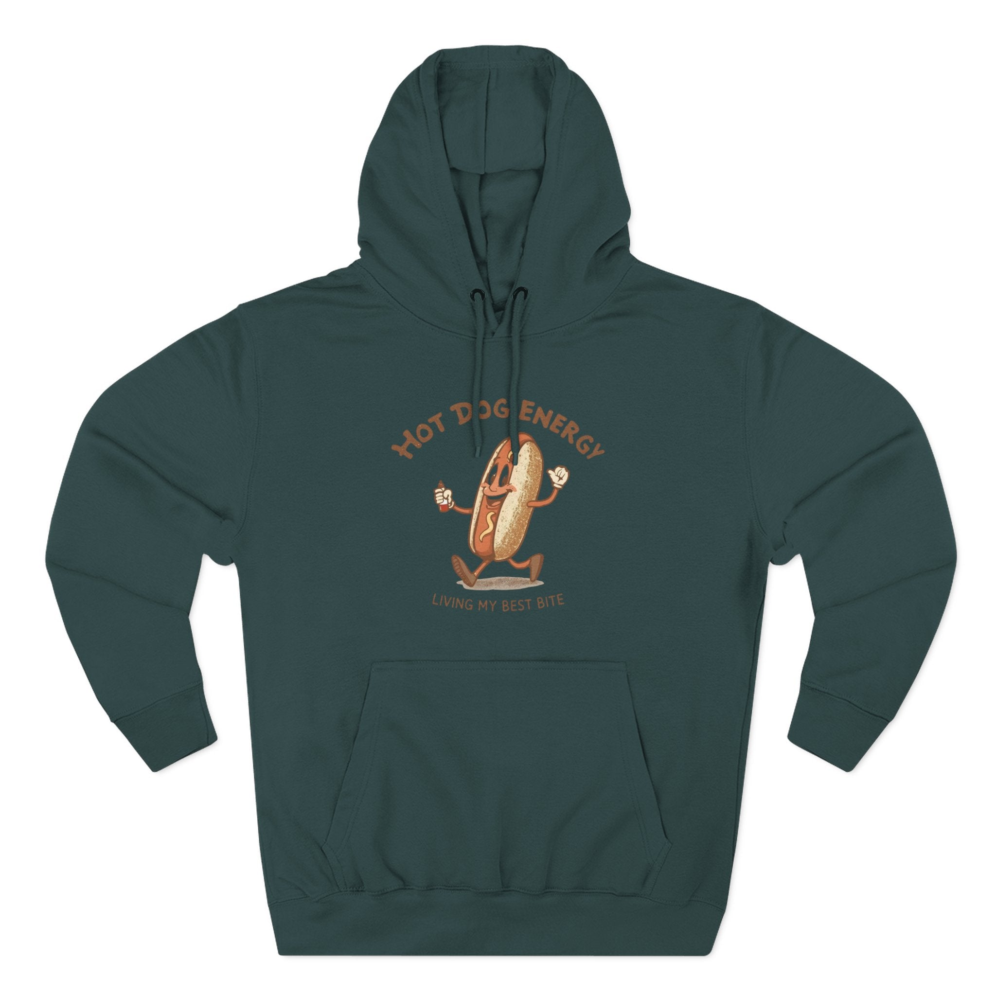 Hot Dog Energy Hoodie — Funny Cartoon Hotdog "Living My Best Bite" Pullover